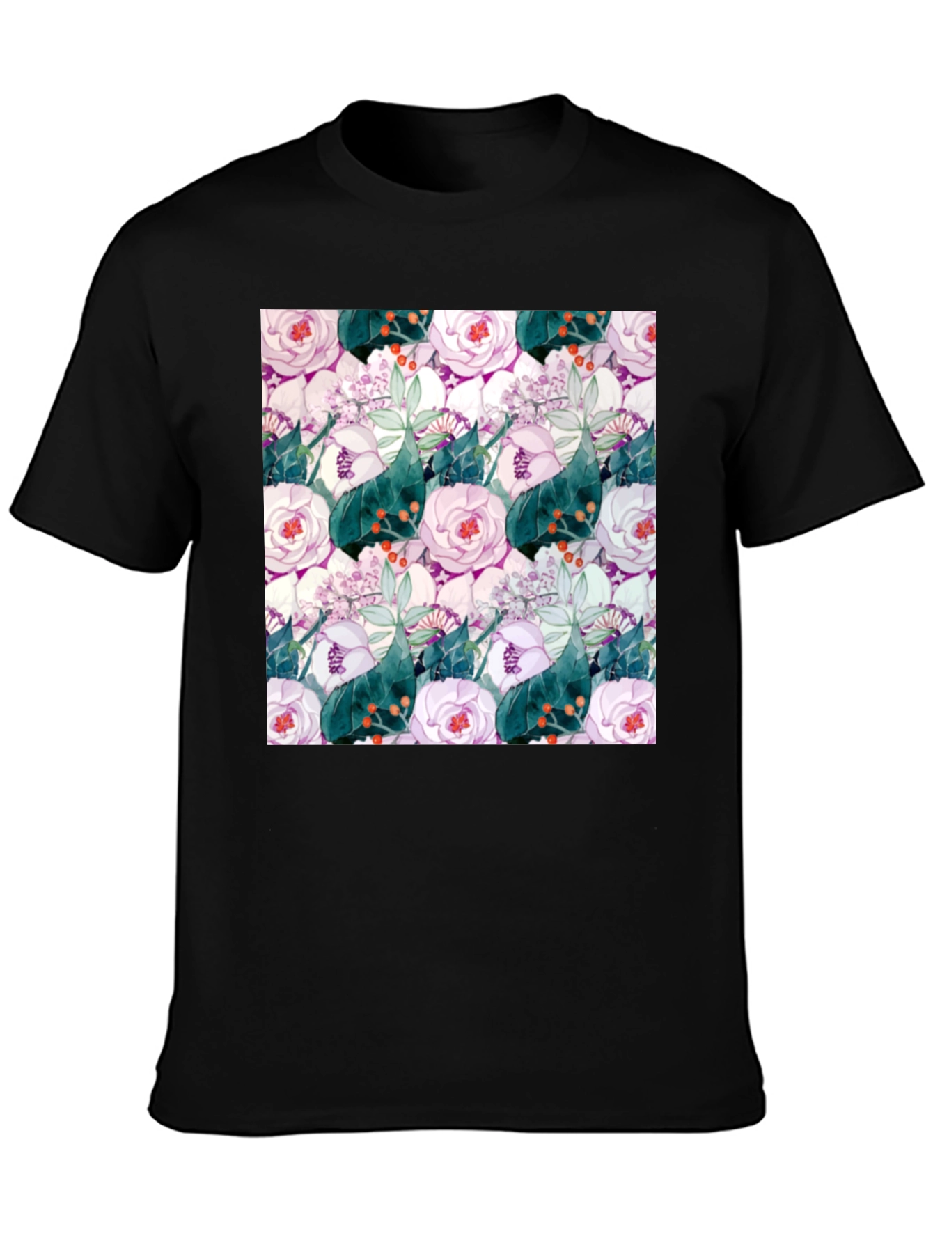 Black Floral Print Black Crew Neck T-Shirt view 3