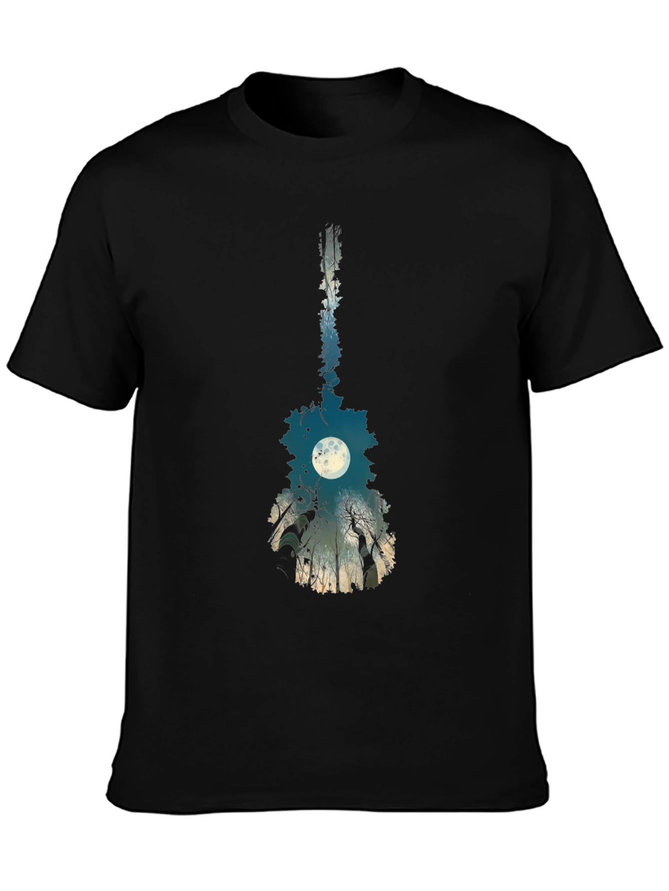 Black Guitar Moon T-Shirt - Unique Nature Design view 3