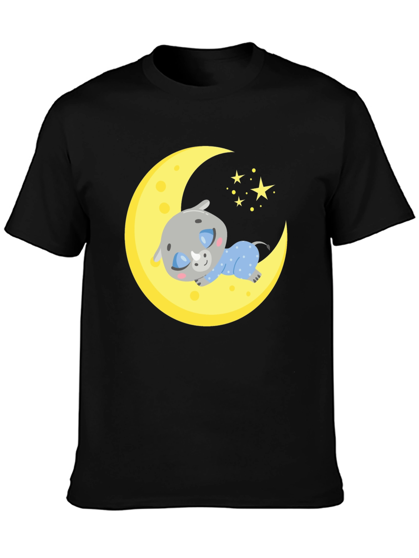 Black Cute Sleeping Rhino on Moon T-Shirt view 3