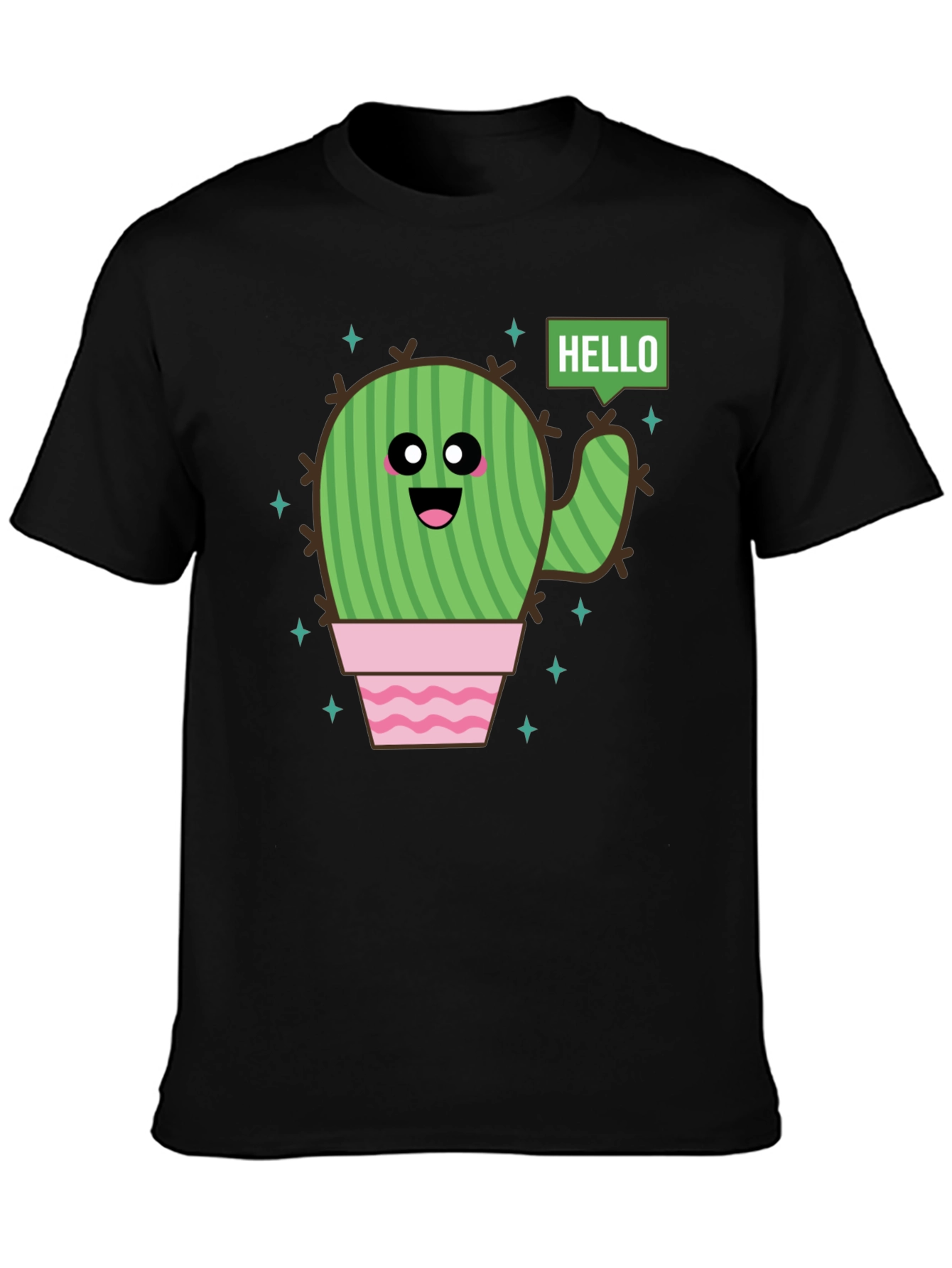 Black Cute Cartoon Cactus Graphic Tee - Black Cotton T-Shirt view 3