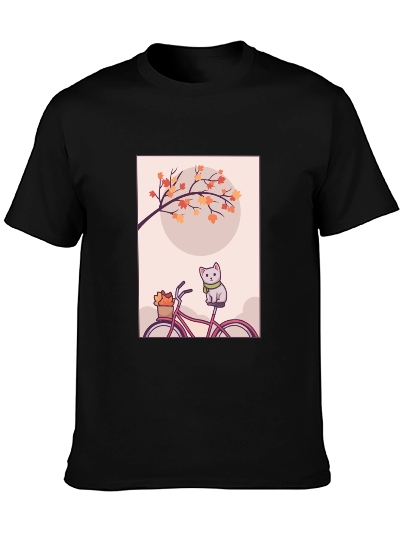 Black Cute Cat on Bike T-Shirt - Autumn Vibes view 3