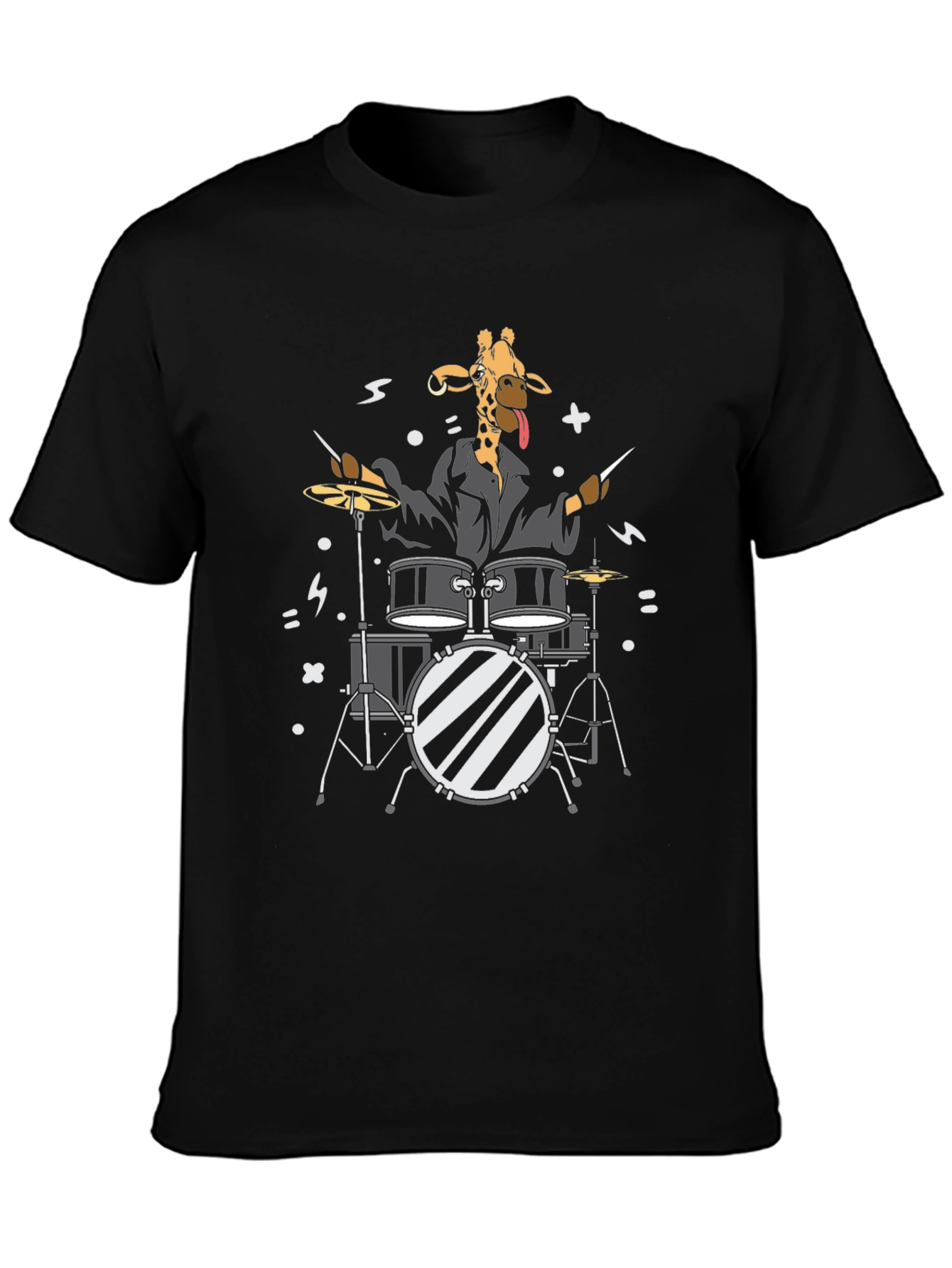 Black Giraffe Drummer Graphic T-Shirt - Black Cotton Tee view 3