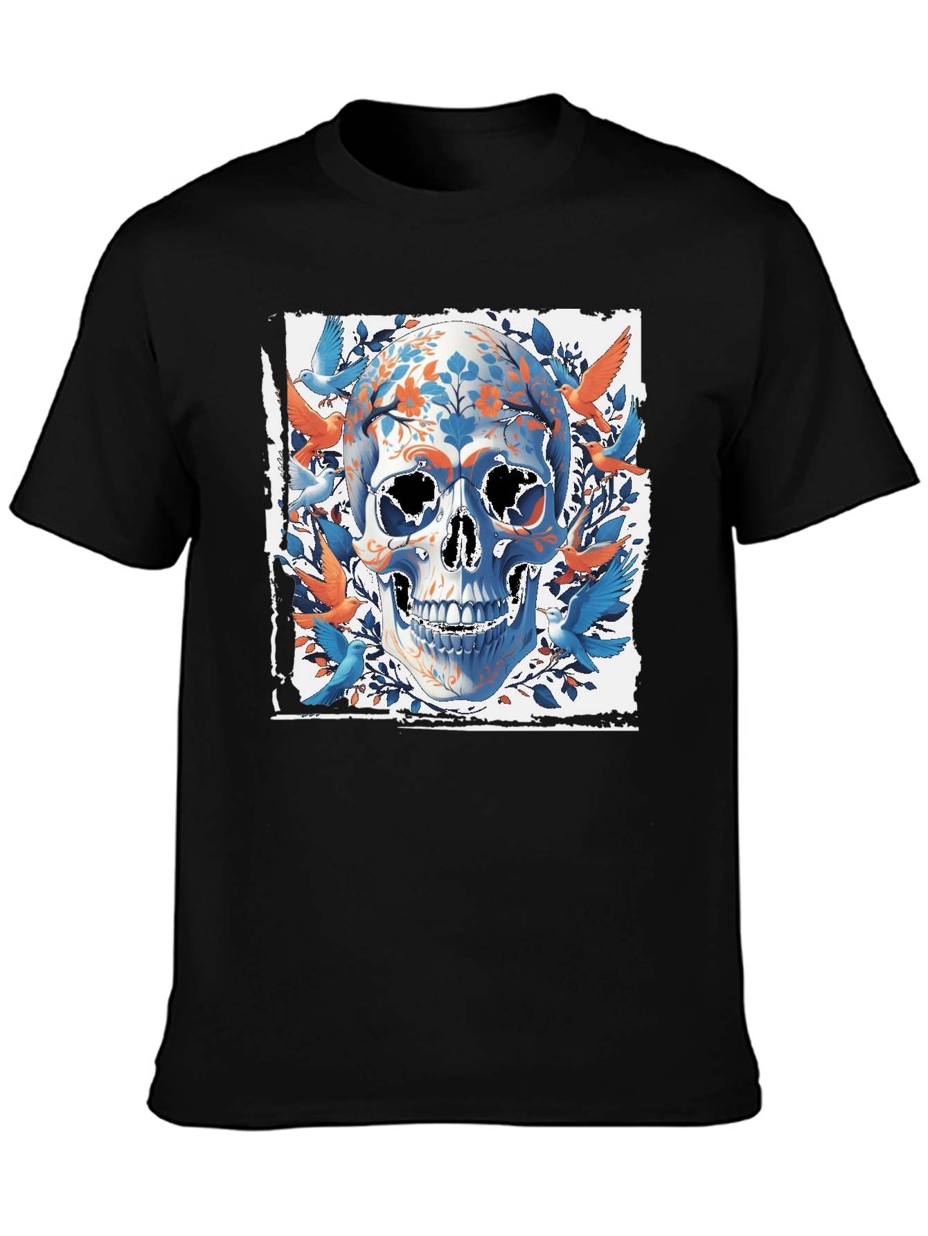 Black Floral Skull & Birds Graphic Tee - Unique Design view 3