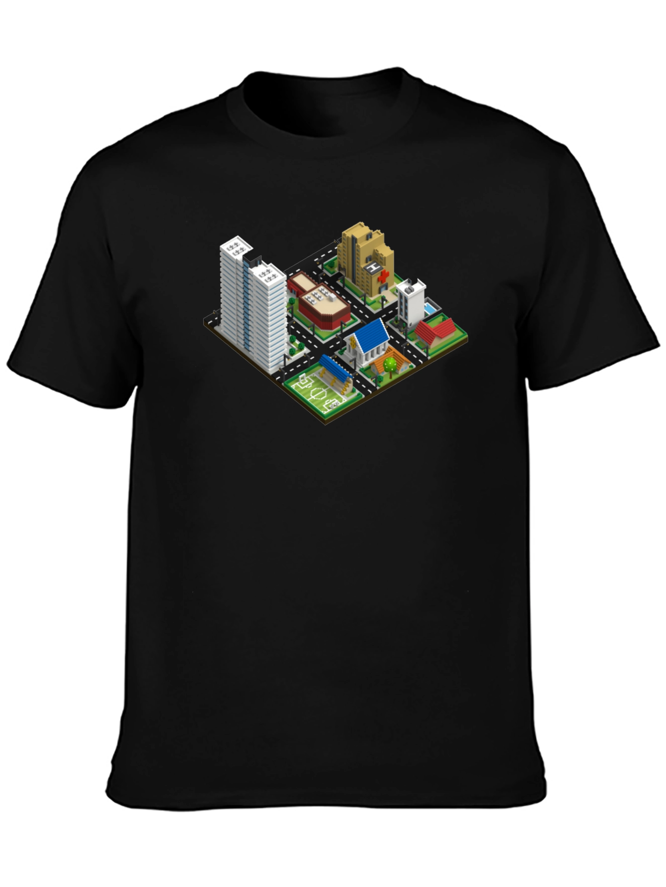 Black Isometric Cityscape Graphic Tee - Black Cotton T-Shirt view 3