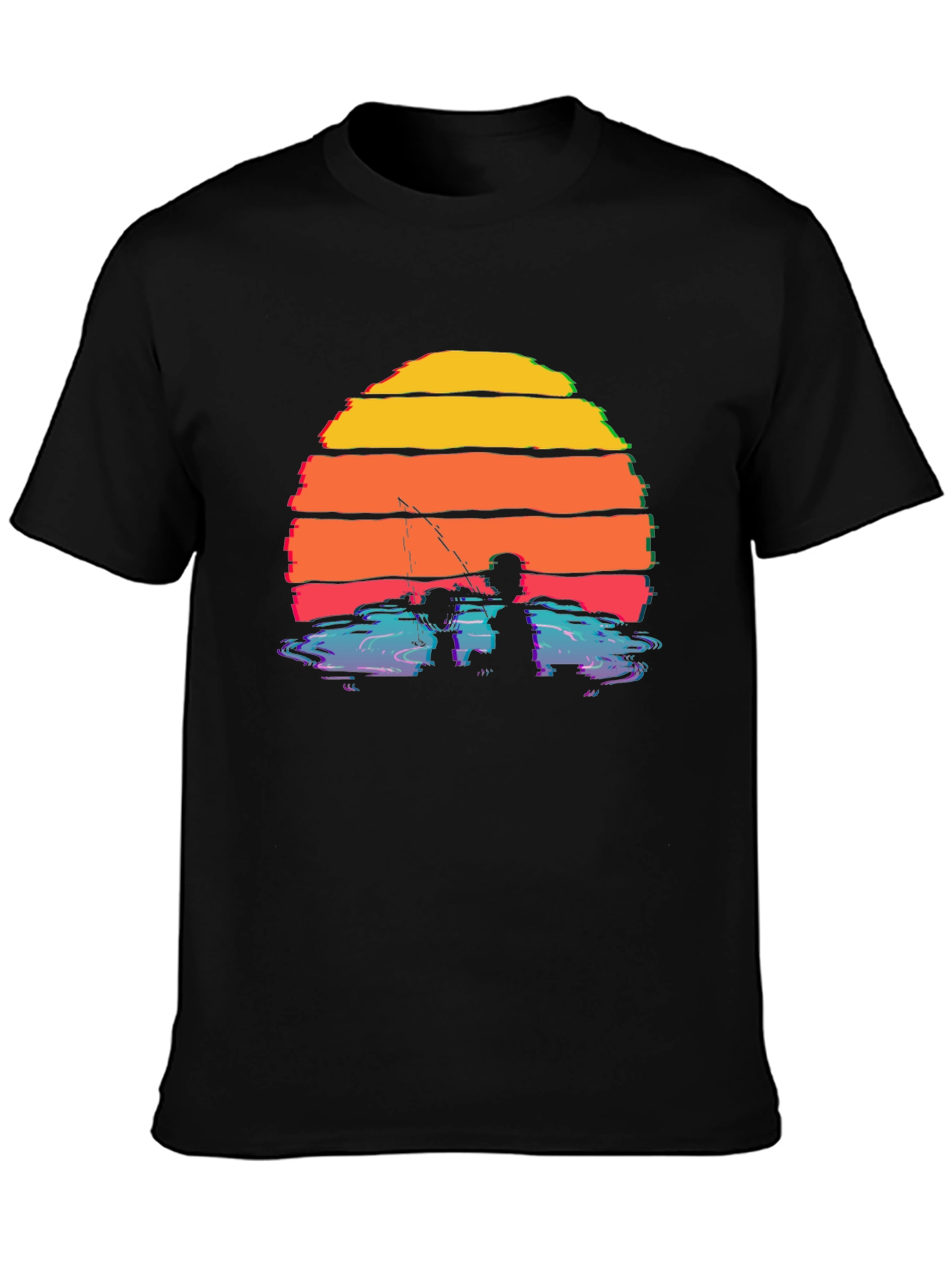 Black Sunset Fishing Silhouette T-Shirt view 3