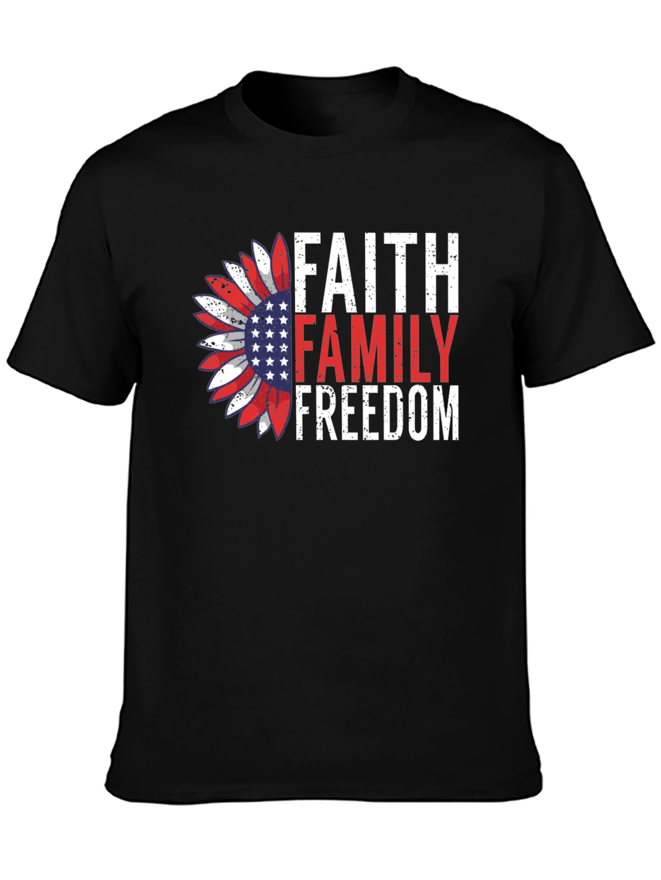Black Faith Family Freedom Graphic Tee - Patriotic Sunflower Design view 3