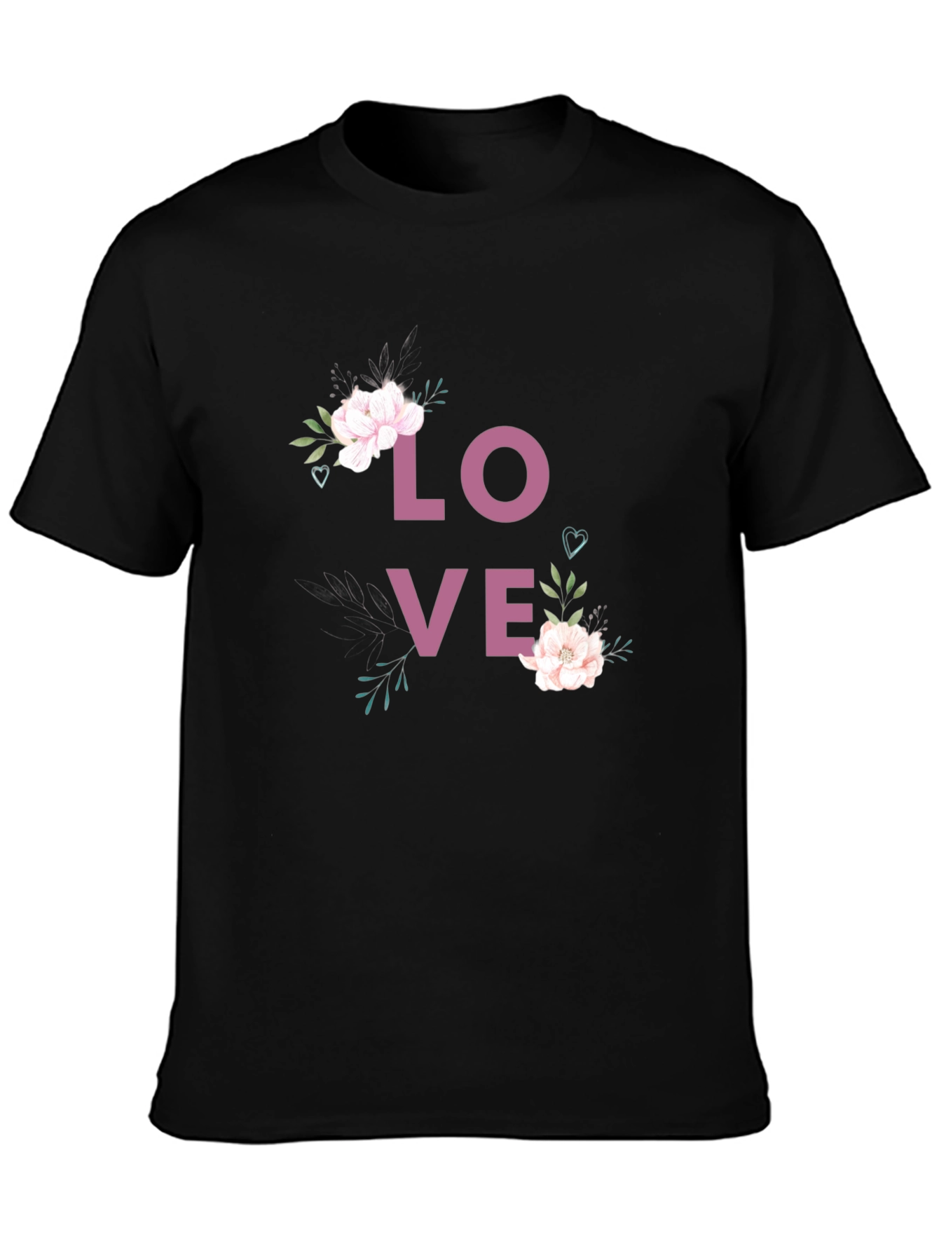 Black Floral LOVE Graphic Print Crew Neck T-Shirt view 3