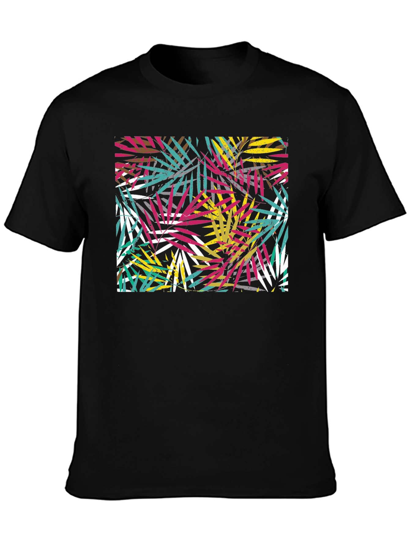 Black Tropical Leaf Print Black T-Shirt view 3
