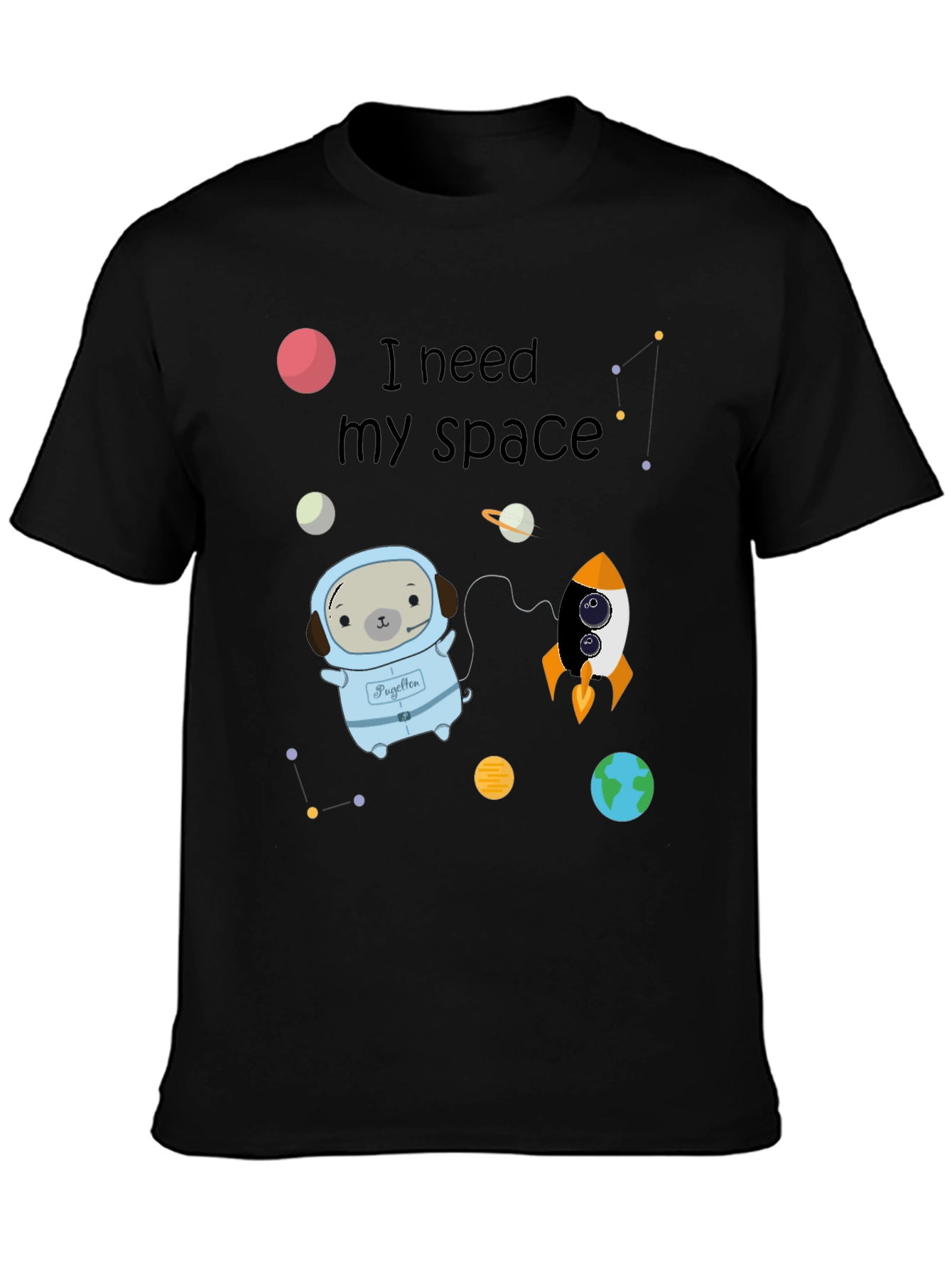 Black I Need My Space Pug Black T-Shirt view 3