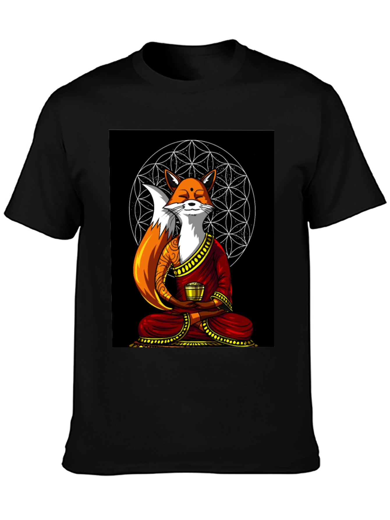 Black Zen Fox T-Shirt - Meditating Design view 3