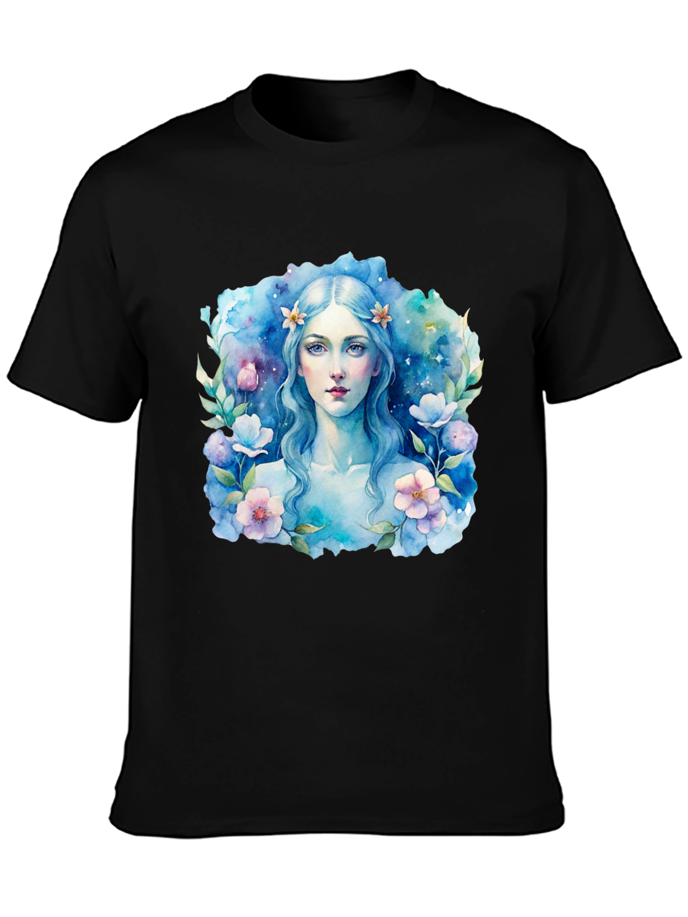 Black Floral Watercolor Woman Graphic Tee - Black T-Shirt view 3