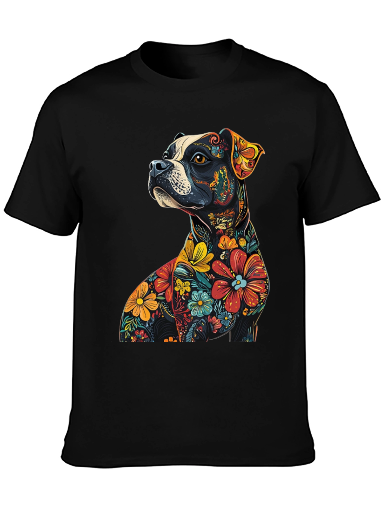 Black Floral Dog Graphic Tee - Unique Black T-Shirt view 3