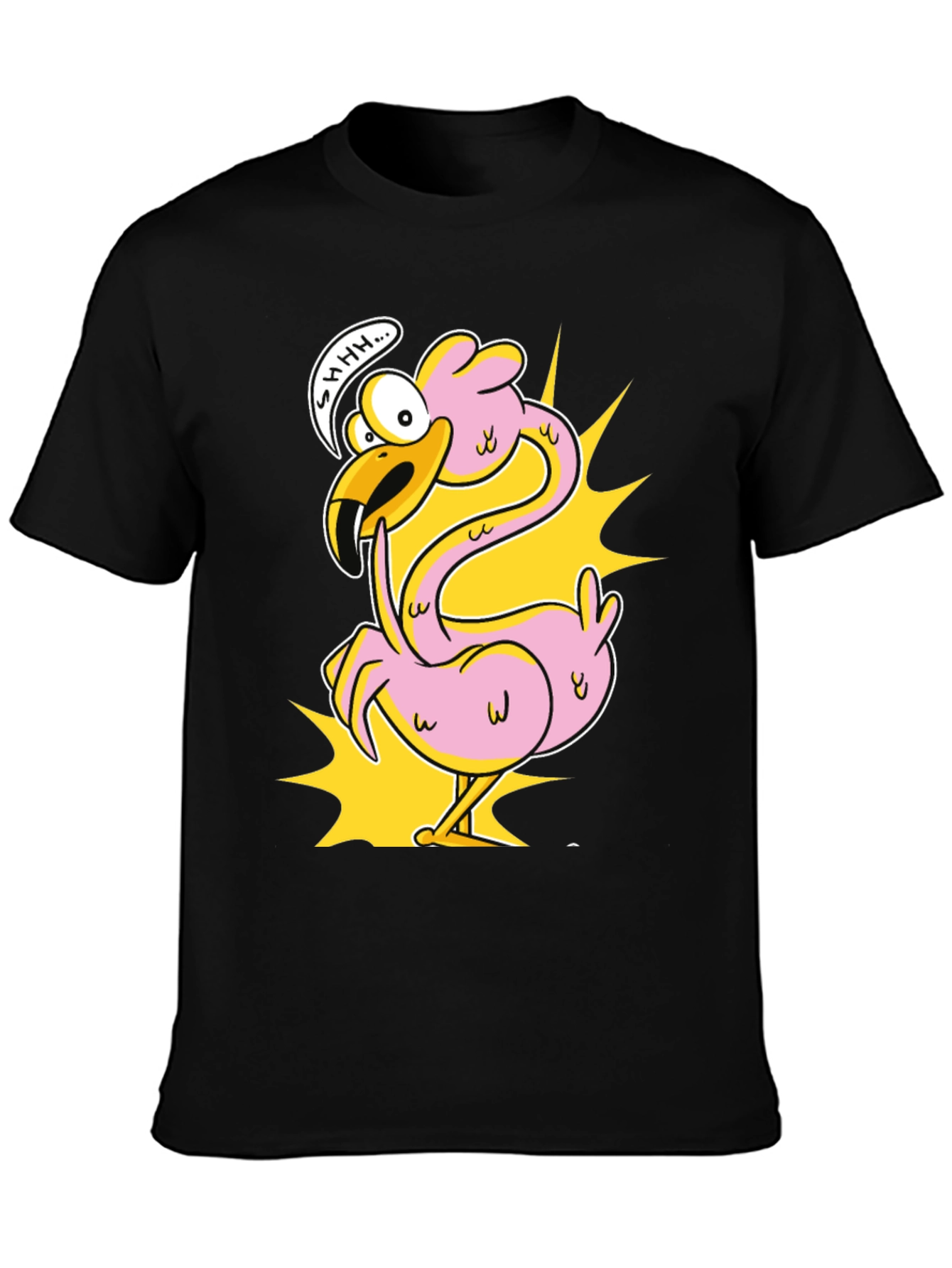 Black Shhh! Flamingo Cartoon Graphic T-Shirt view 3