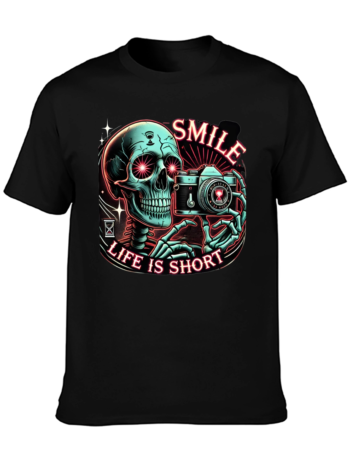 Black Smile Life is Short Graphic Tee - Camera Skeleton T-Shirt view 3