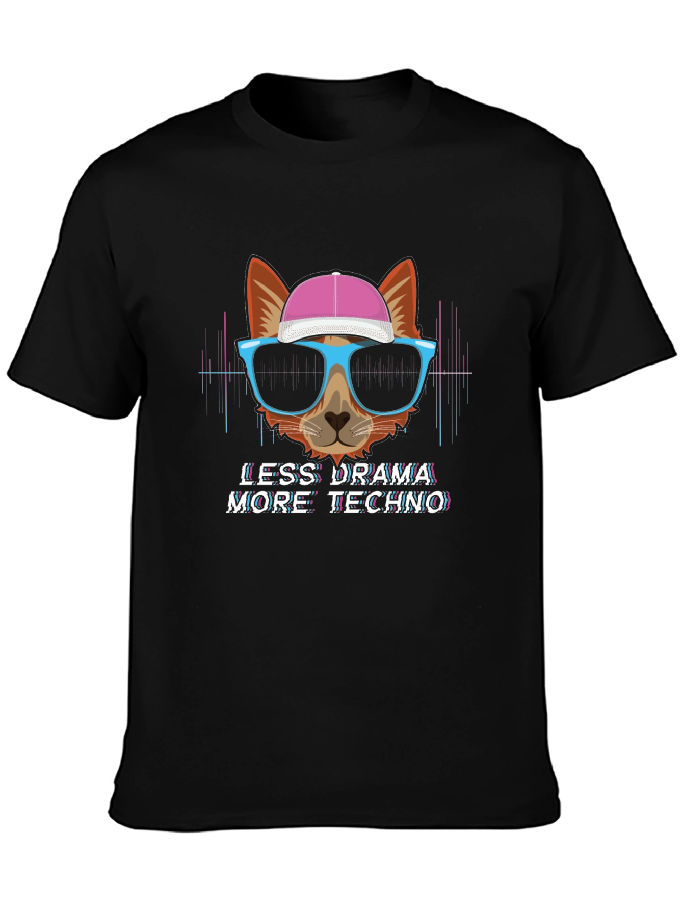 Black Less Drama More Techno T-Shirt - Cat with Glasses view 3