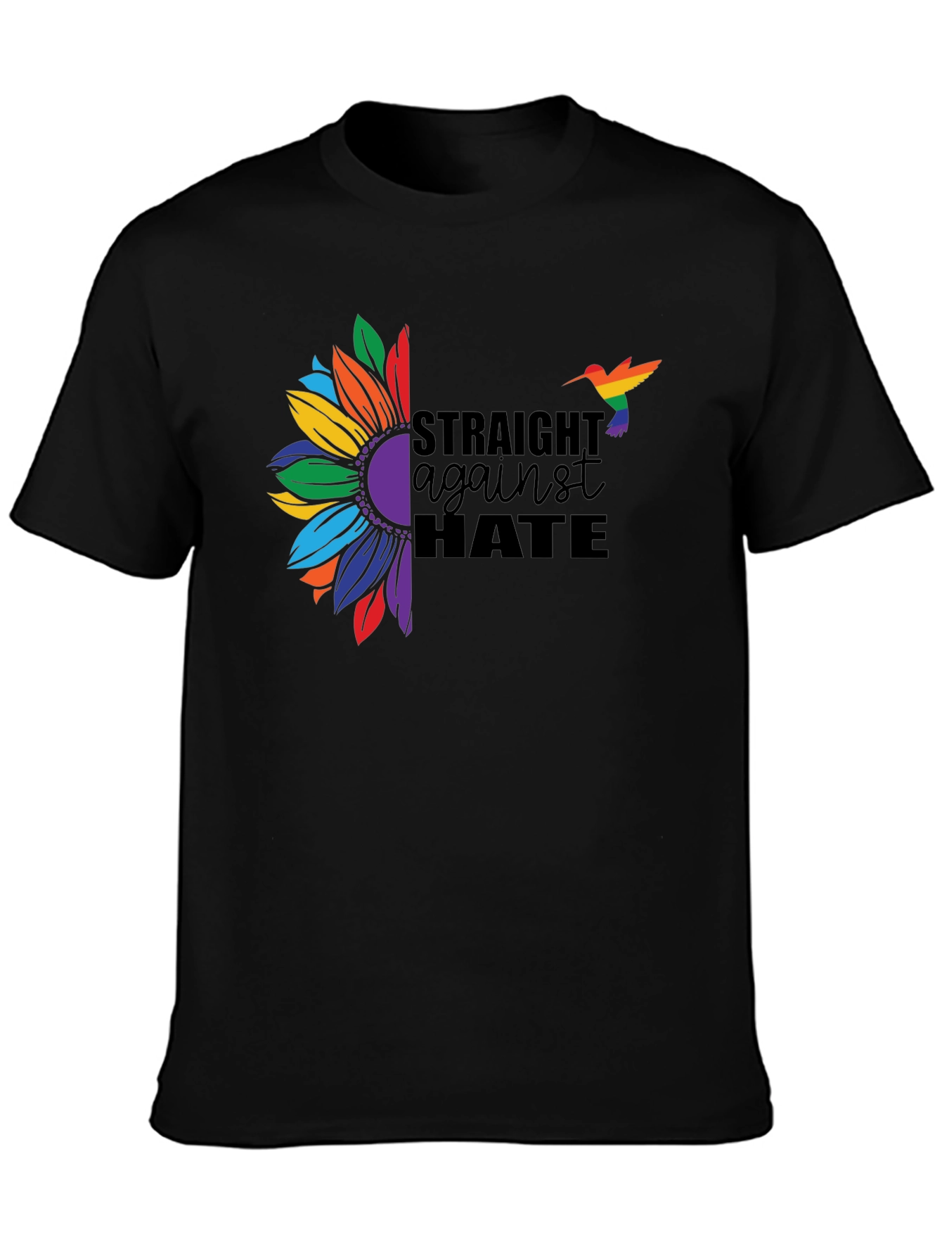 Black Straight Against Hate Sunflower Pride T-Shirt view 3