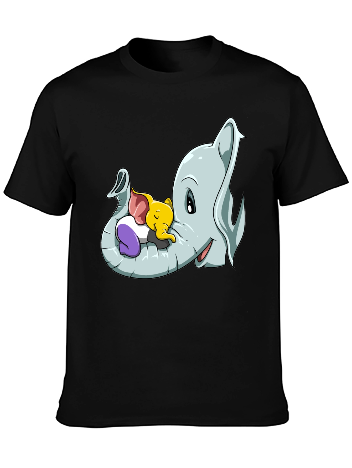 Black Cute Elephant Family Cartoon T-Shirt view 3