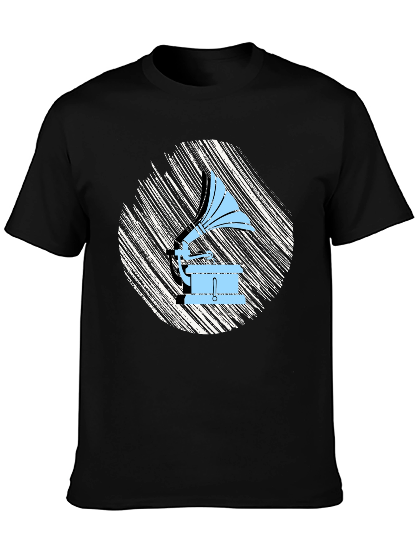 Black Retro Gramophone Graphic Tee - Vintage Music Lover Shirt view 3