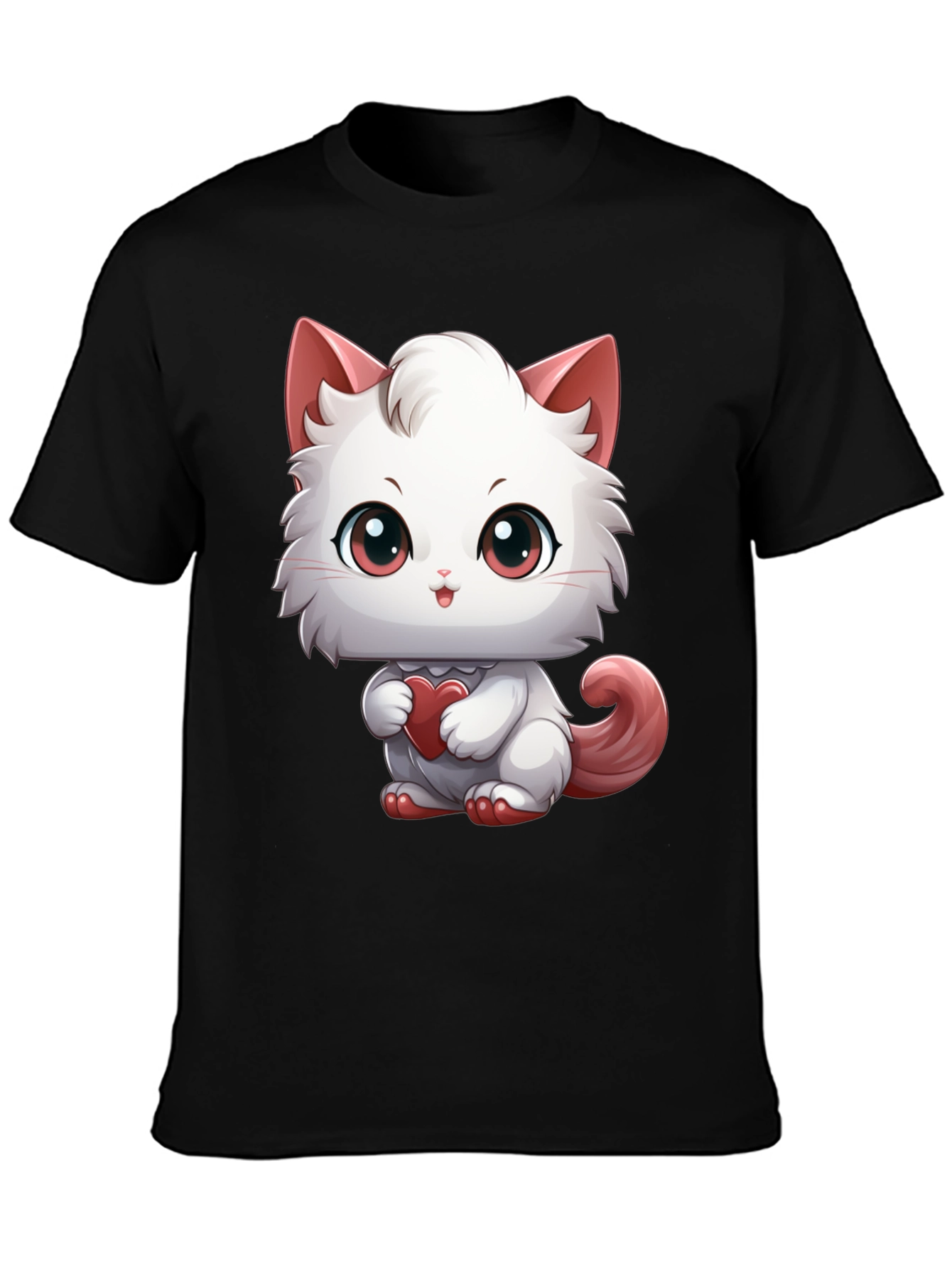 Black Cute Cartoon Cat Heart T-Shirt view 3
