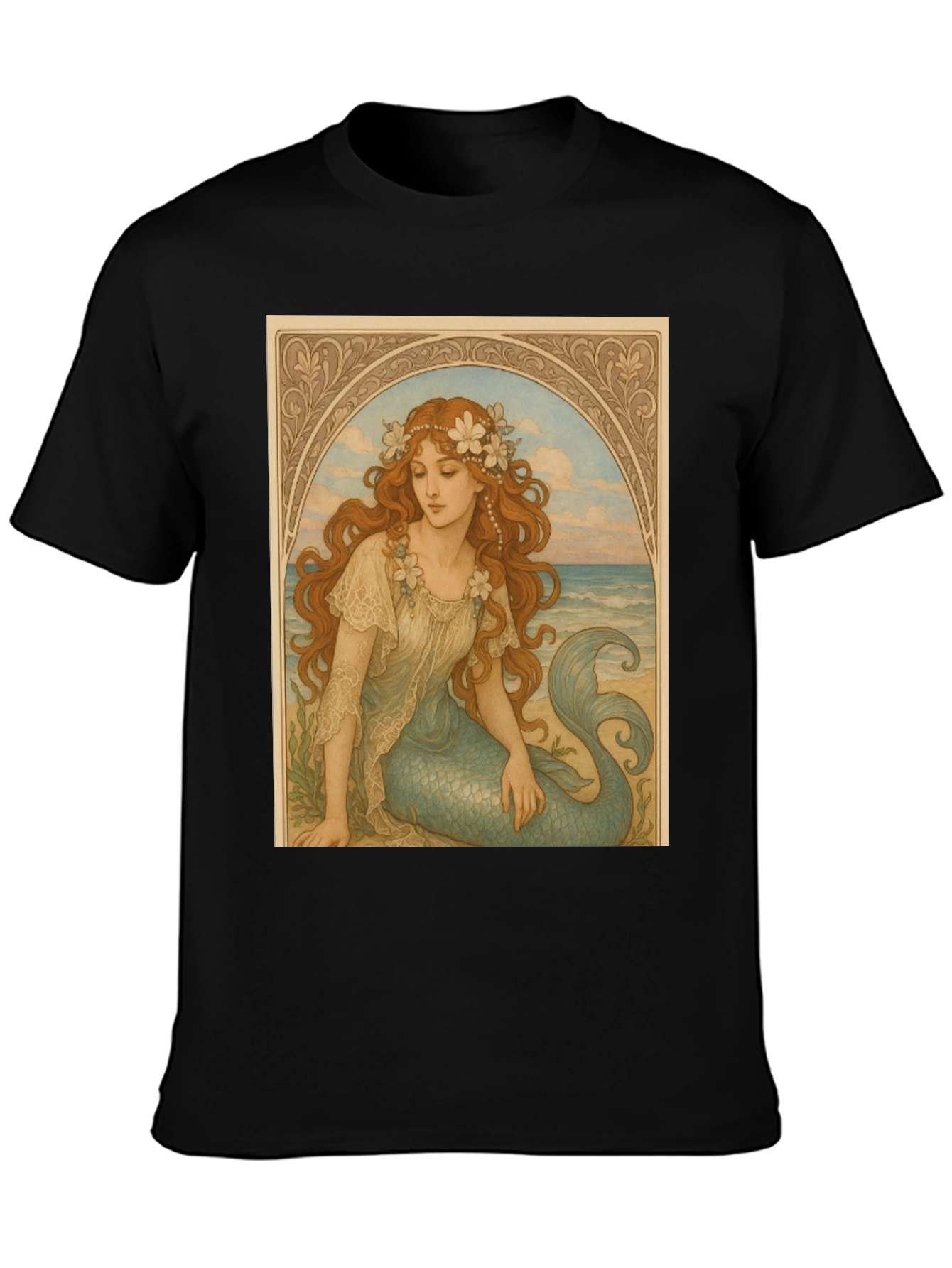 Black Mermaid Art Nouveau Graphic T-Shirt view 3