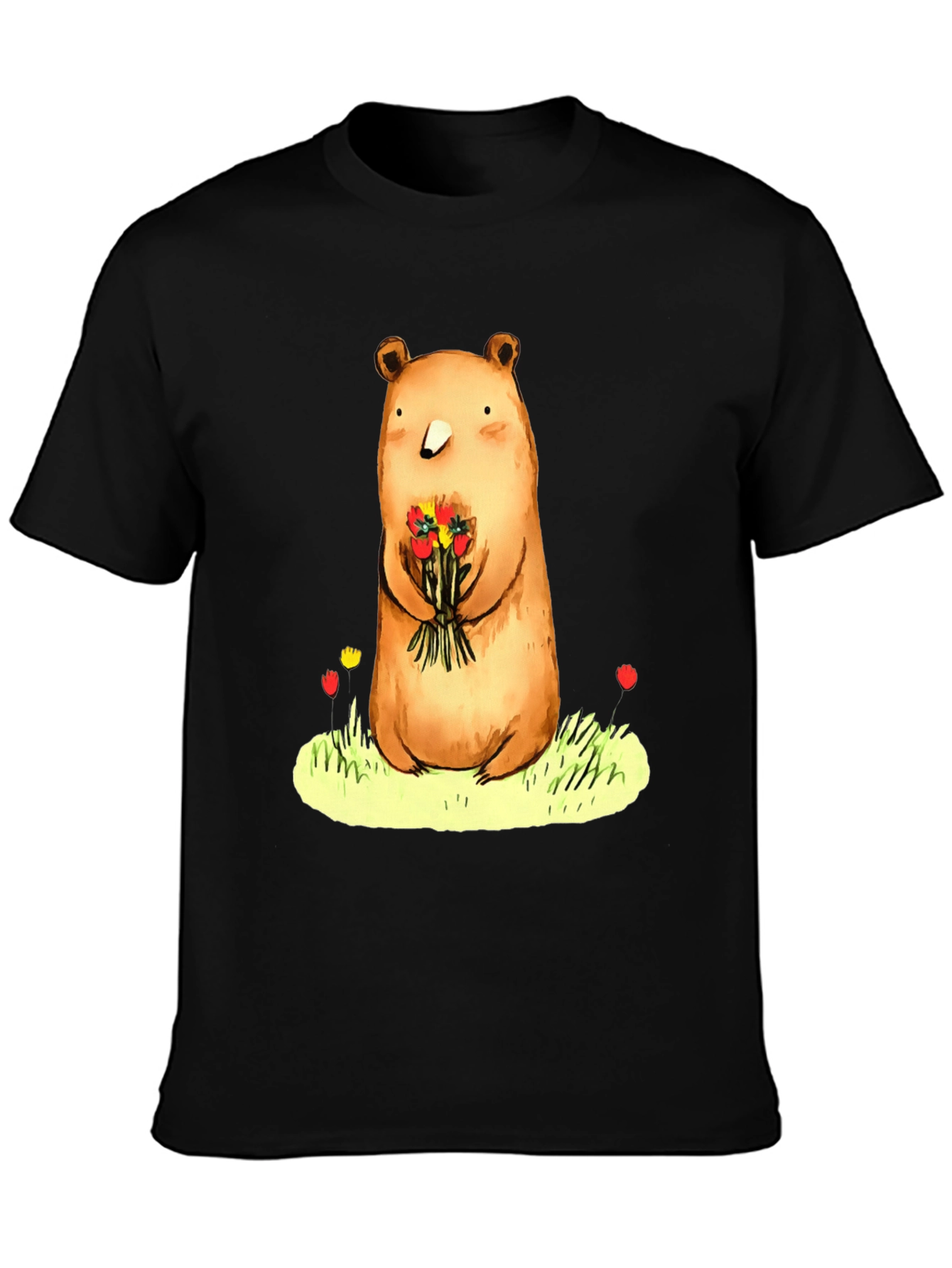 Black Bear with Flowers Graphic Tee - Soft Cotton Blend view 3
