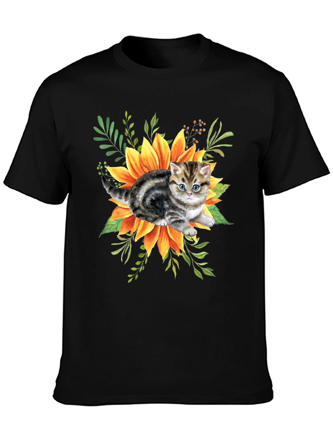 Black Kitten & Sunflower Graphic Tee - Black Cotton Blend view 3