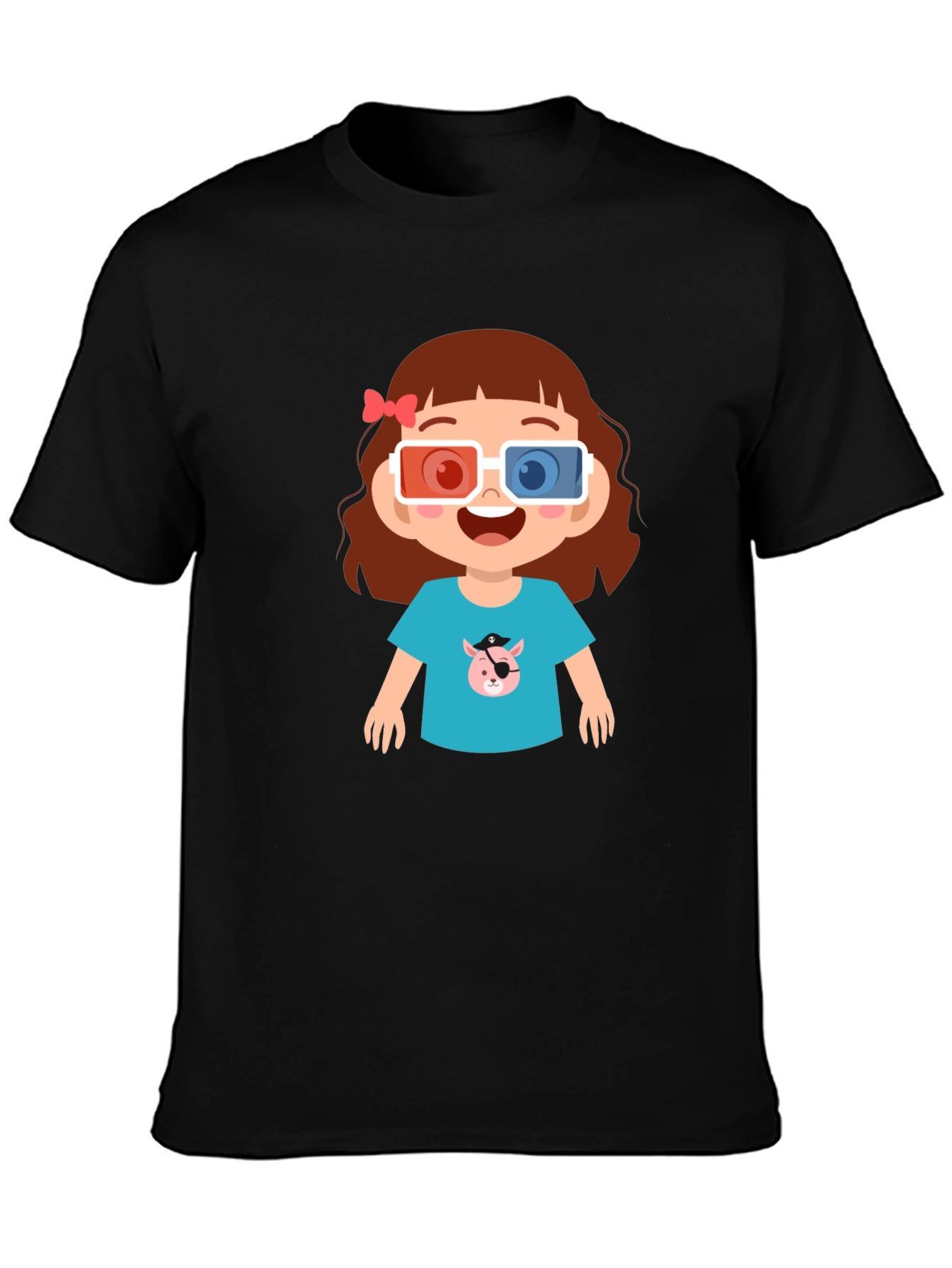 Black Cute Cartoon Girl 3D Glasses Black T-Shirt view 3