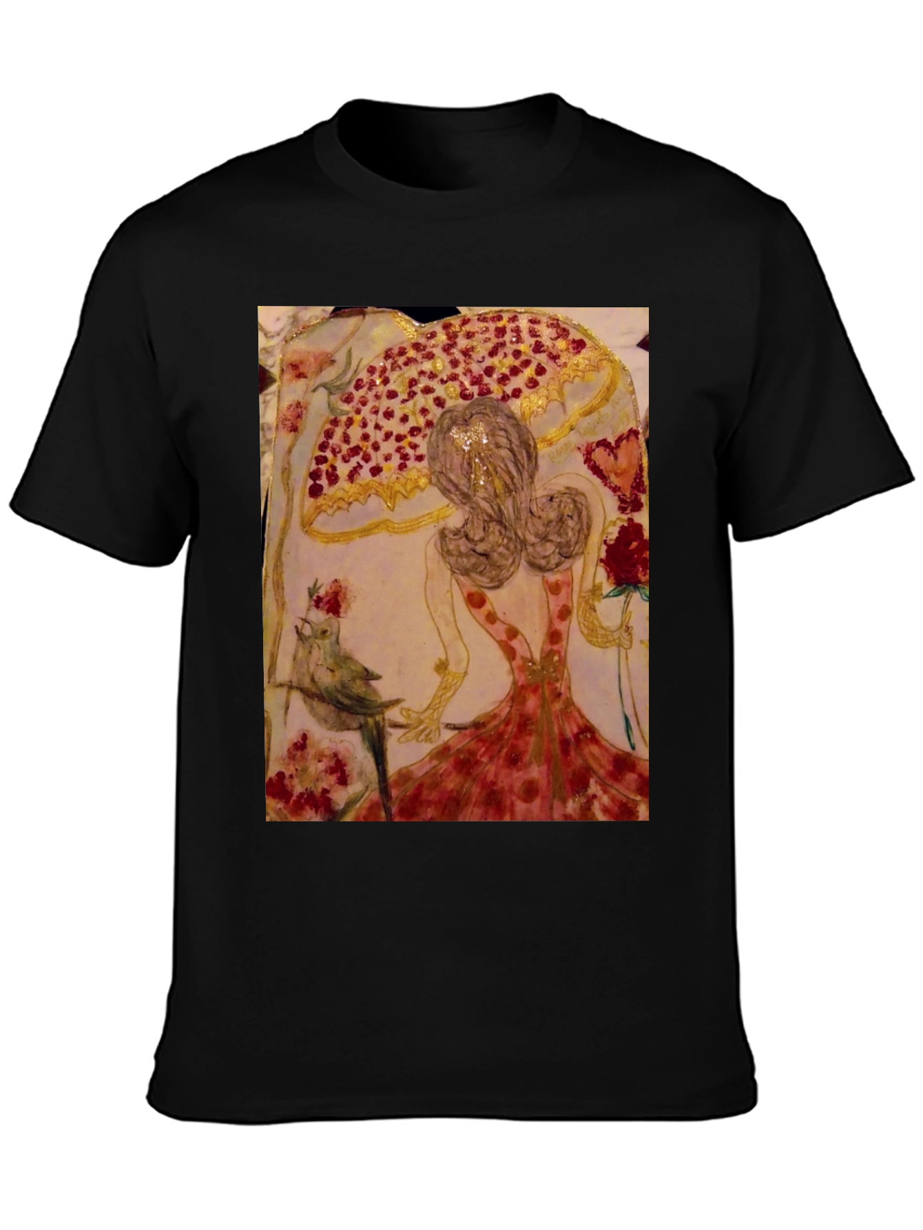 Black Whimsical Art T-Shirt: Bird, Roses, & Dancer view 3