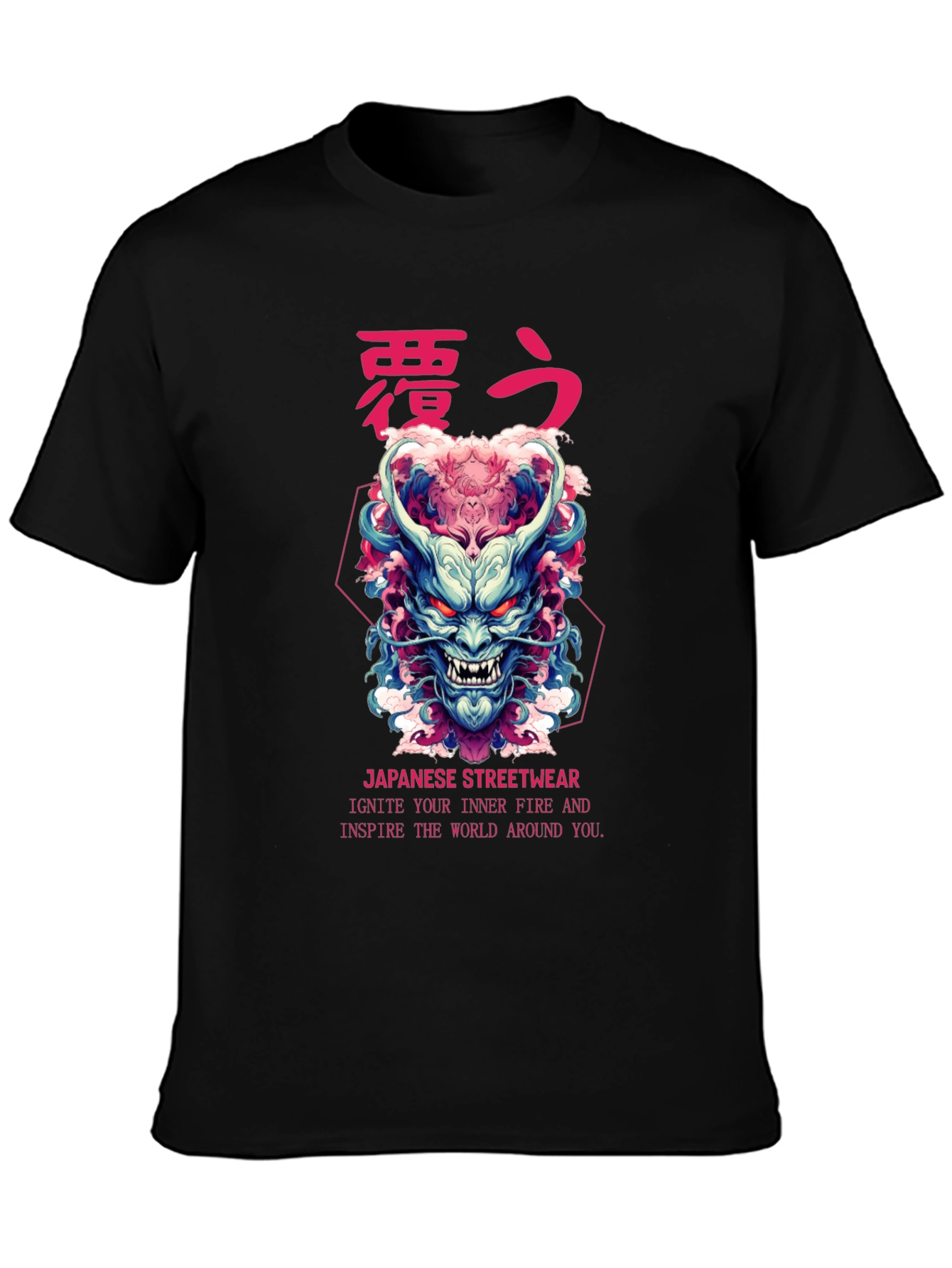 Black Japanese Oni Mask Graphic T-Shirt view 3