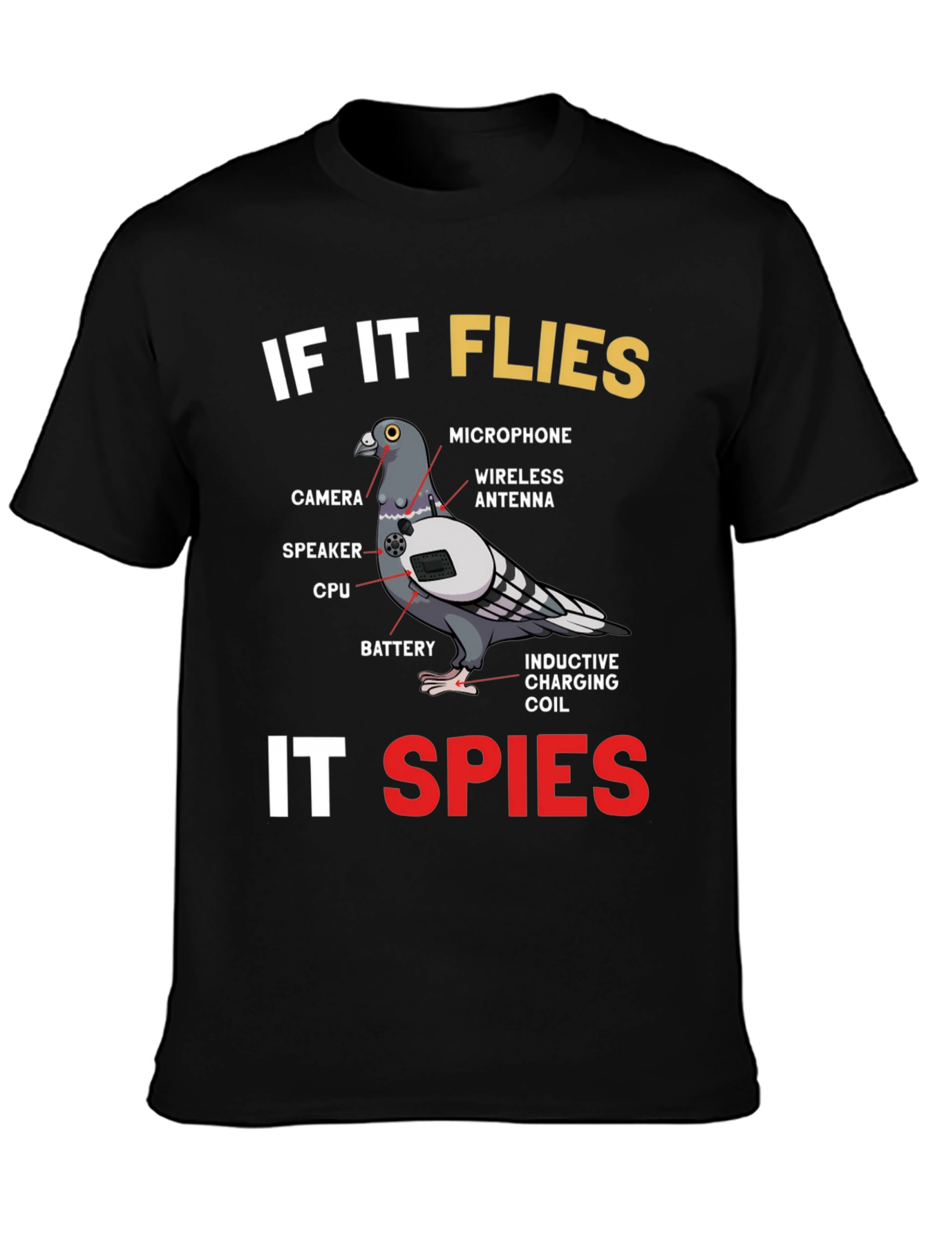 Black If It Flies It Spies Pigeon T-Shirt view 3