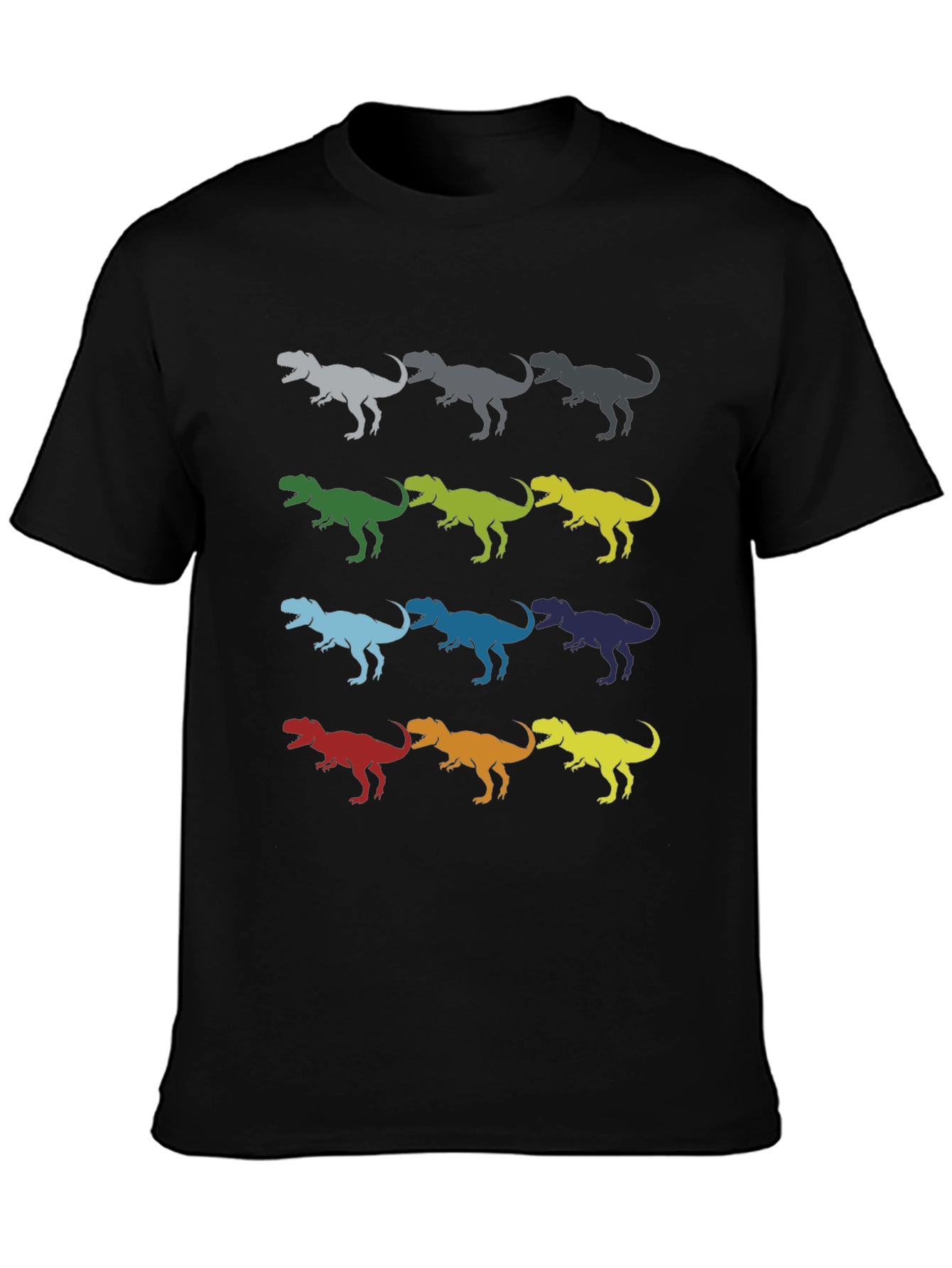 Black Dinosaur T-Rex Pattern Black Cotton T-Shirt view 3