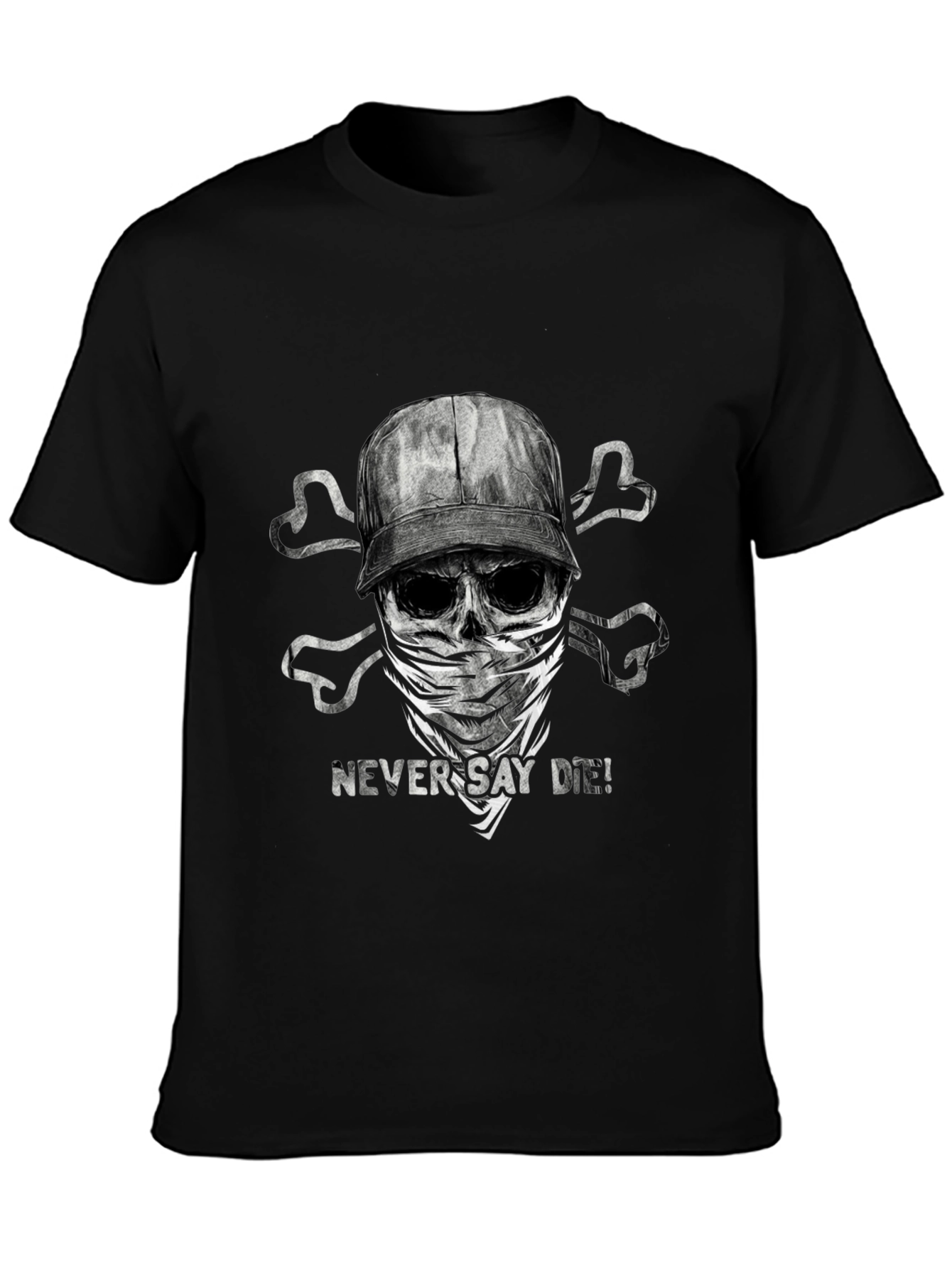 Black Never Say Die T-Shirt - Skull & Crossbones Design view 3