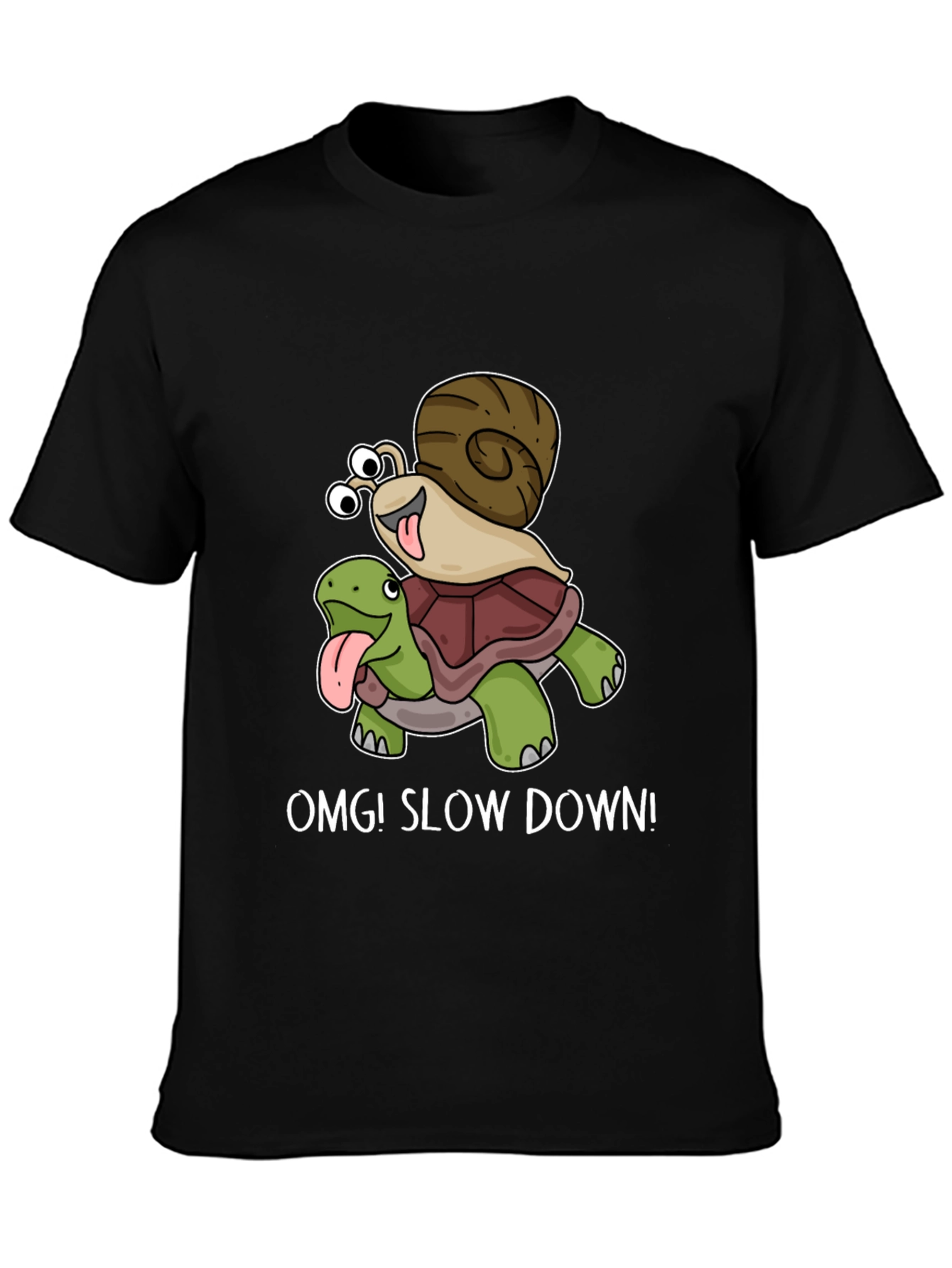 Black OMG! Slow Down T-Shirt Snail Riding Turtle view 3