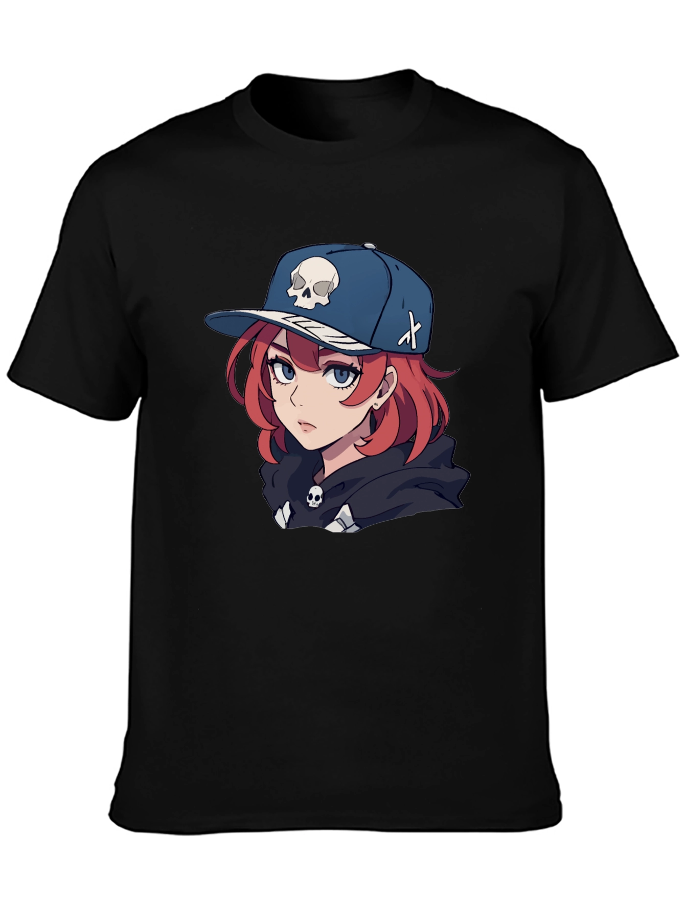 Black Anime Girl Skull Hat Graphic Black T-Shirt view 3