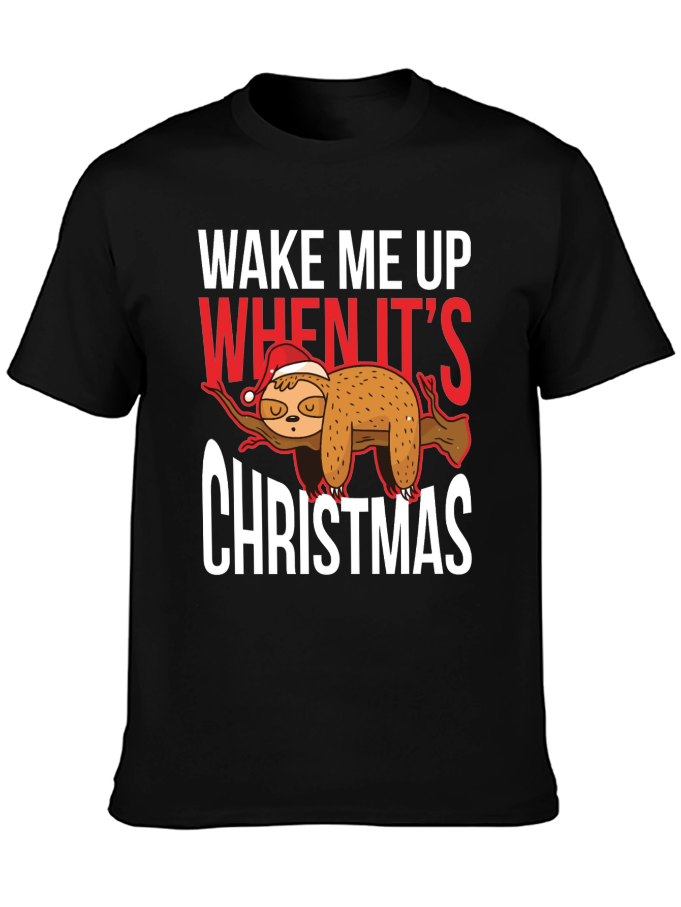 Black Wake Me Up When It's Christmas Sloth T-Shirt view 3