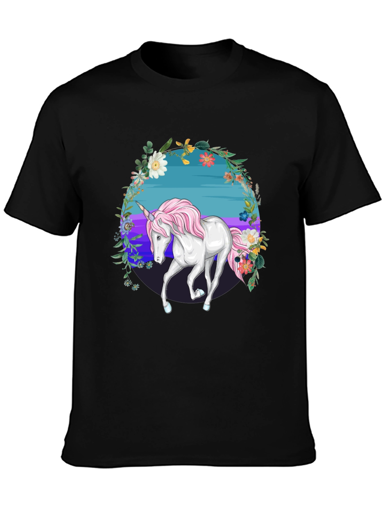 Black Unicorn Floral Graphic Tee - Black Cotton Blend view 3
