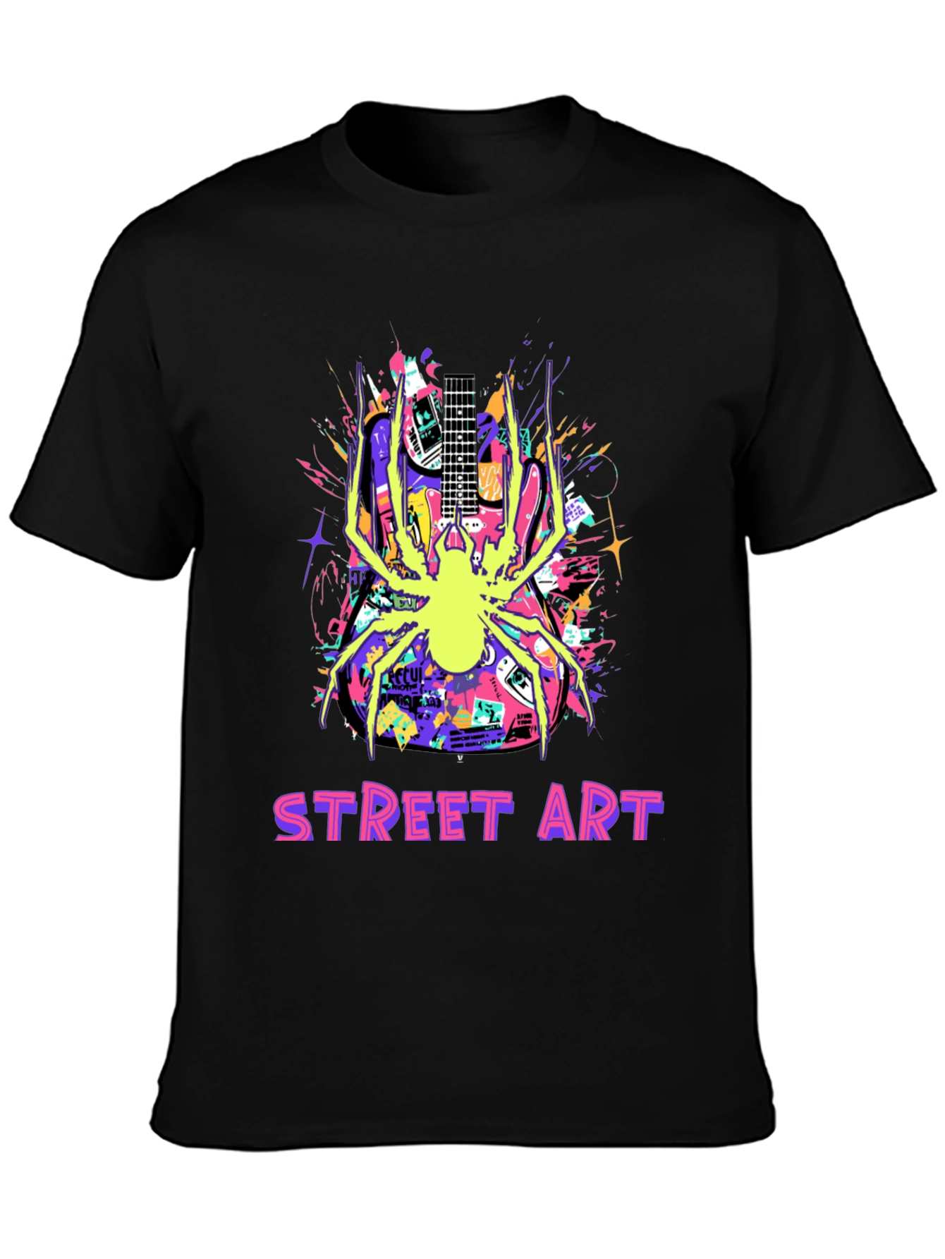 Black Street Art Guitar Spider Graphic T-Shirt view 3