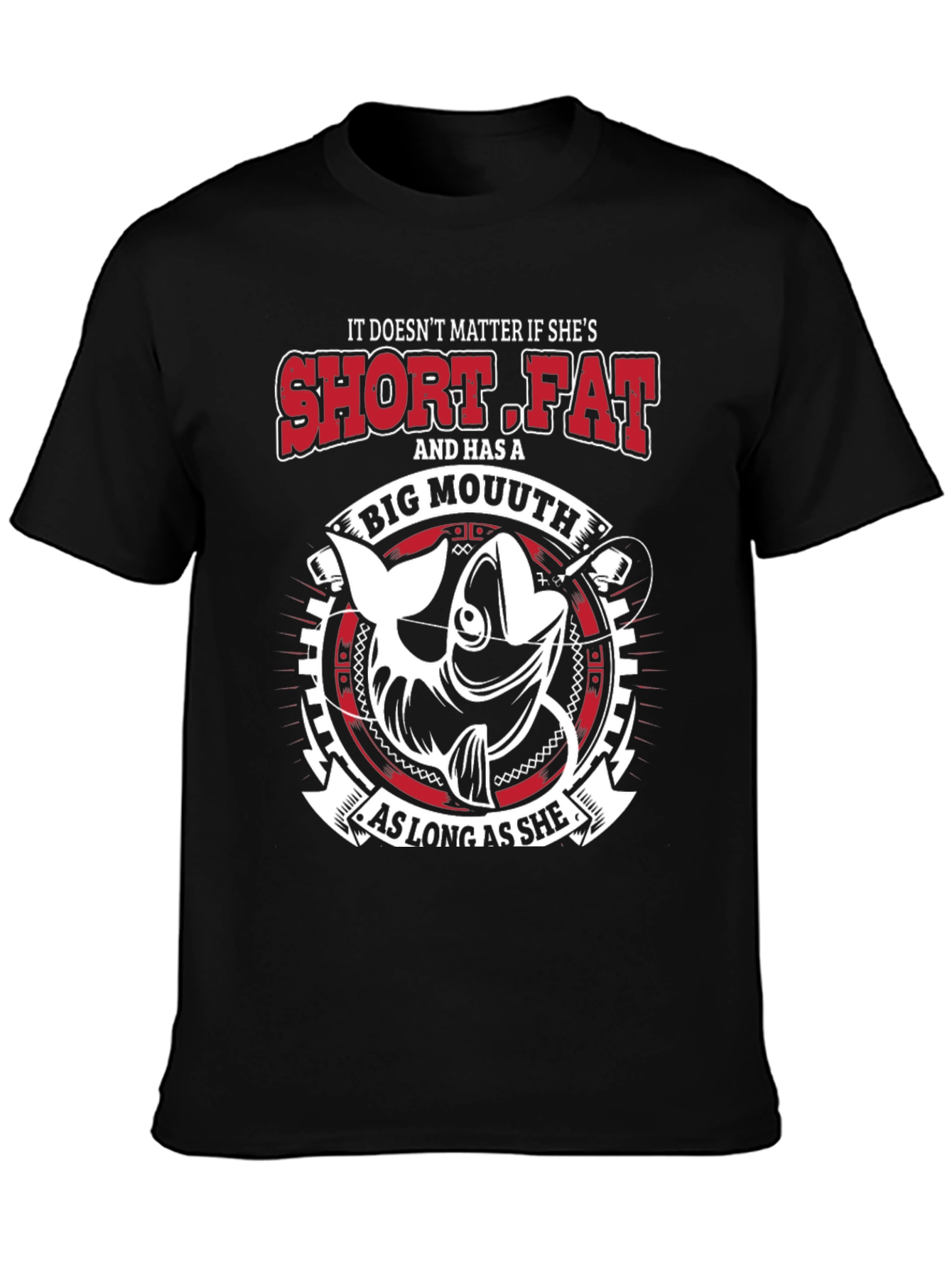 Black Funny Fishing T-Shirt - Short Fat Big Mouth Design view 3