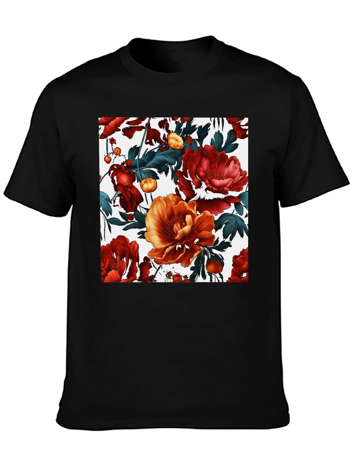 Black Floral Print Black Crew Neck T-Shirt view 3