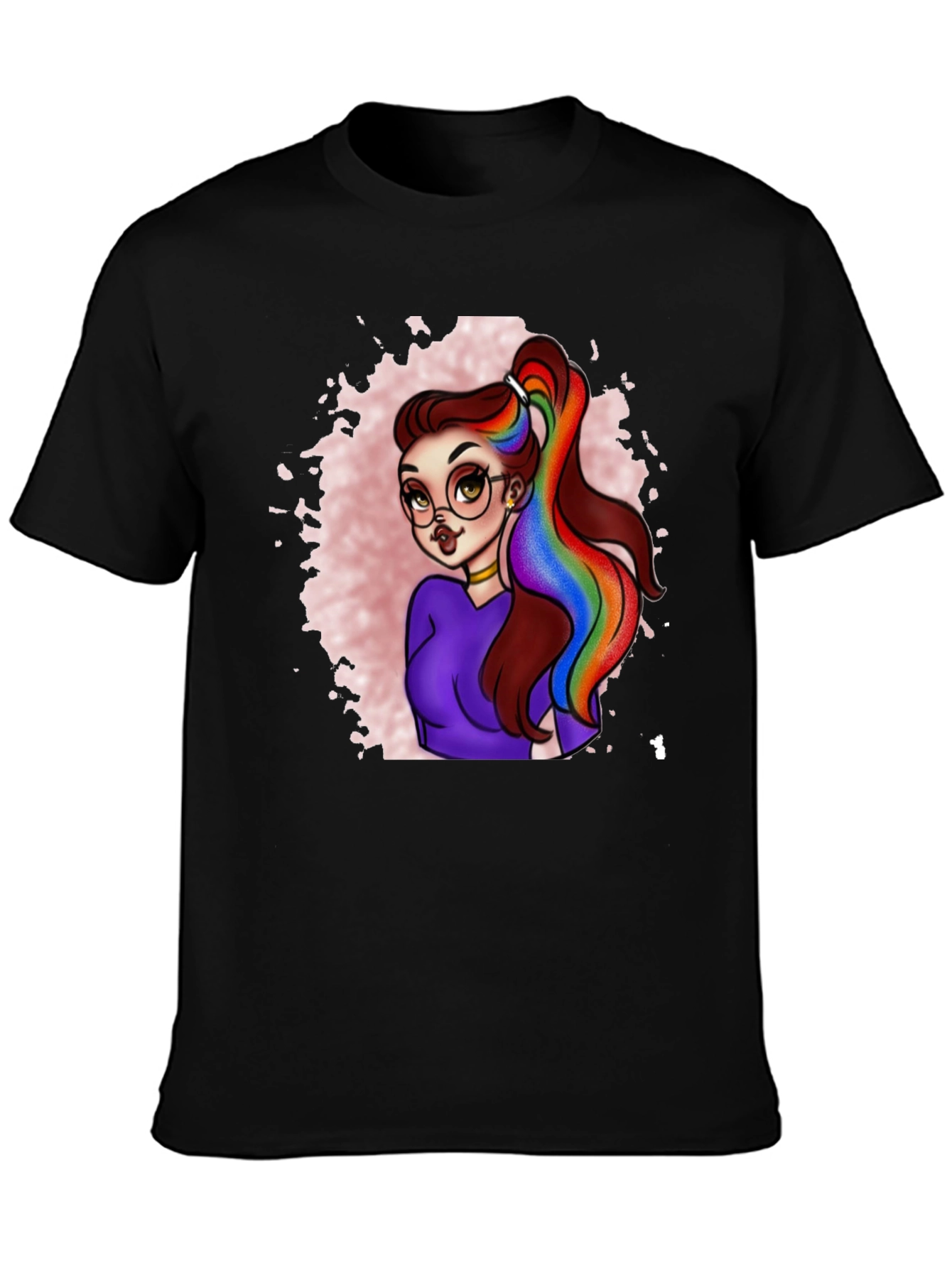 Black Rainbow Hair Cartoon Graphic T-Shirt view 3
