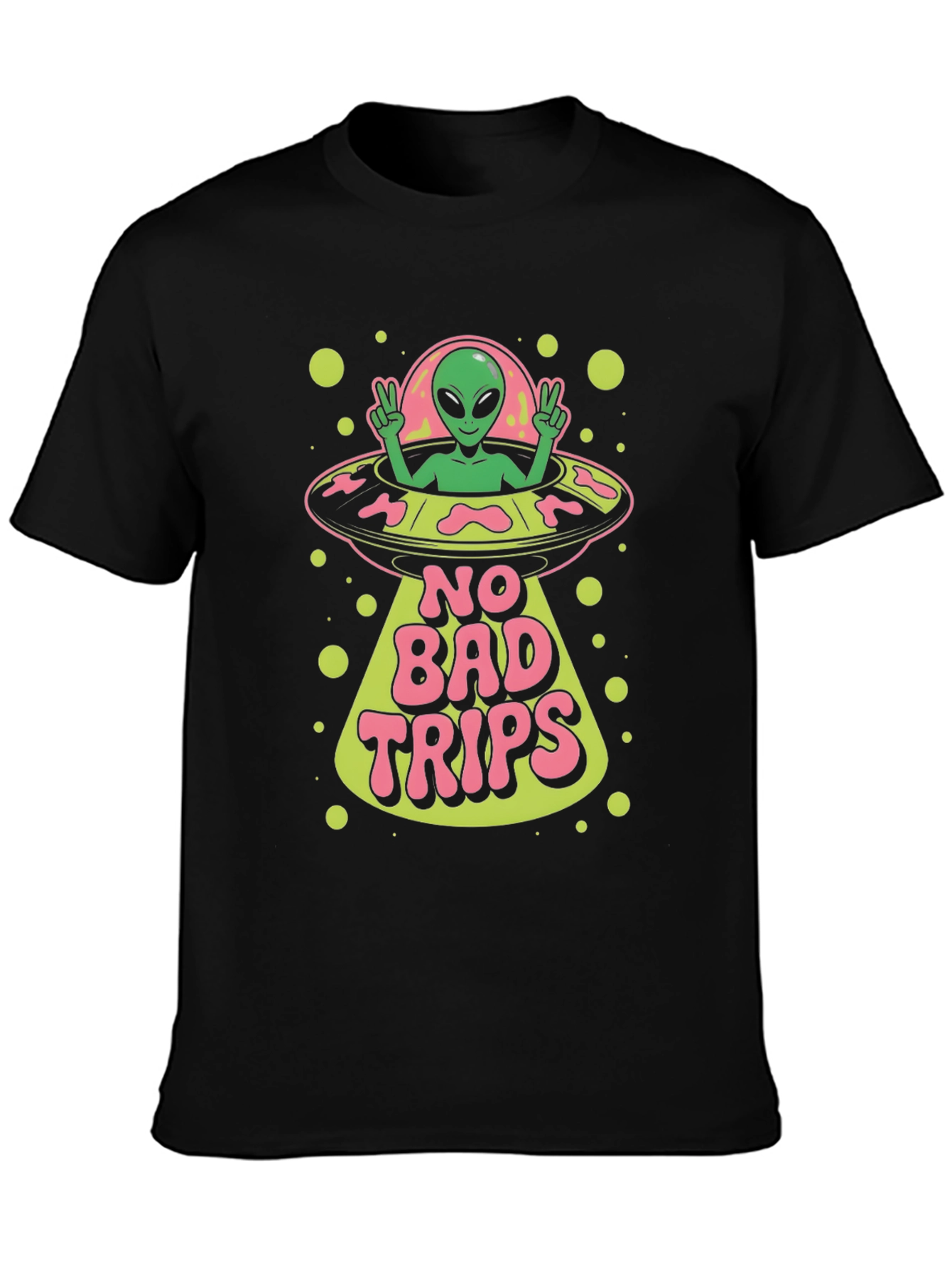 Black No Bad Trips Alien UFO Graphic T-Shirt view 3