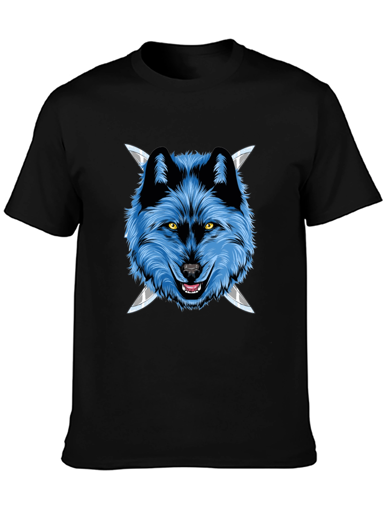 Black Wolf Graphic Tee: Fierce Blue Wolf with Knives view 3
