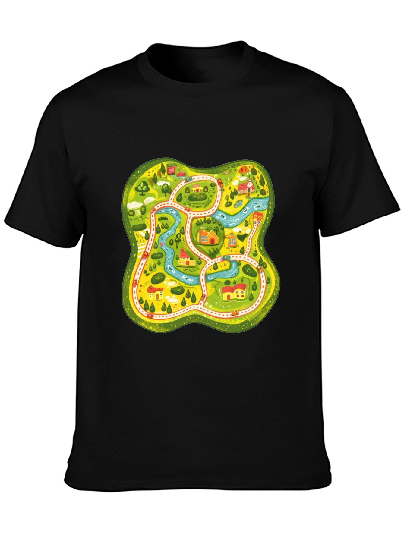 Cartoon Map Graphic Tee - Black Unisex T-Shirt - 3