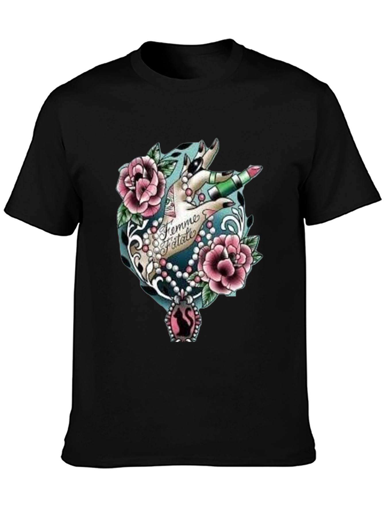 Black Femme Fatale Graphic T-Shirt - Roses & Lipstick Design view 3