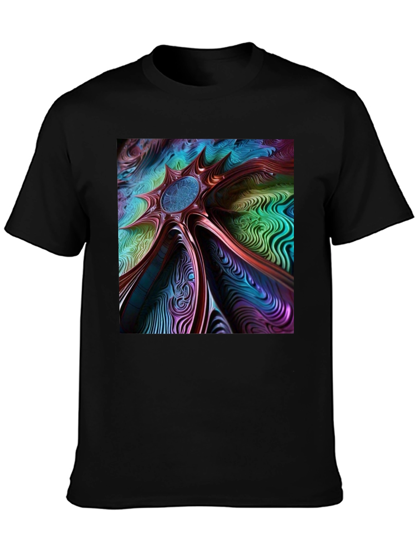 Black Abstract Art Tee: Colorful Vortex Design view 3