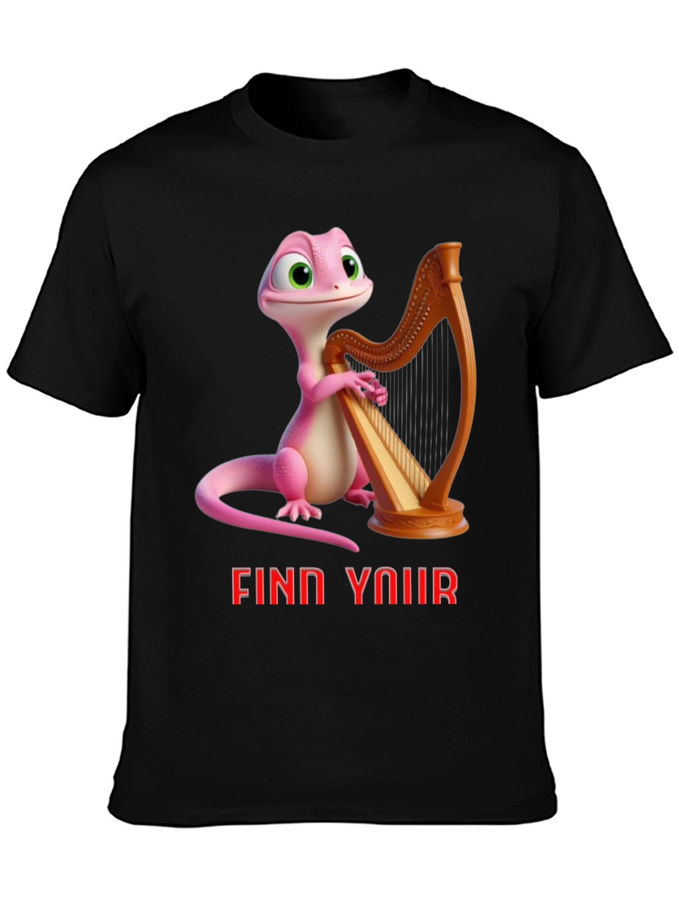 Black Whimsical Gecko Harpist Graphic Tee view 3