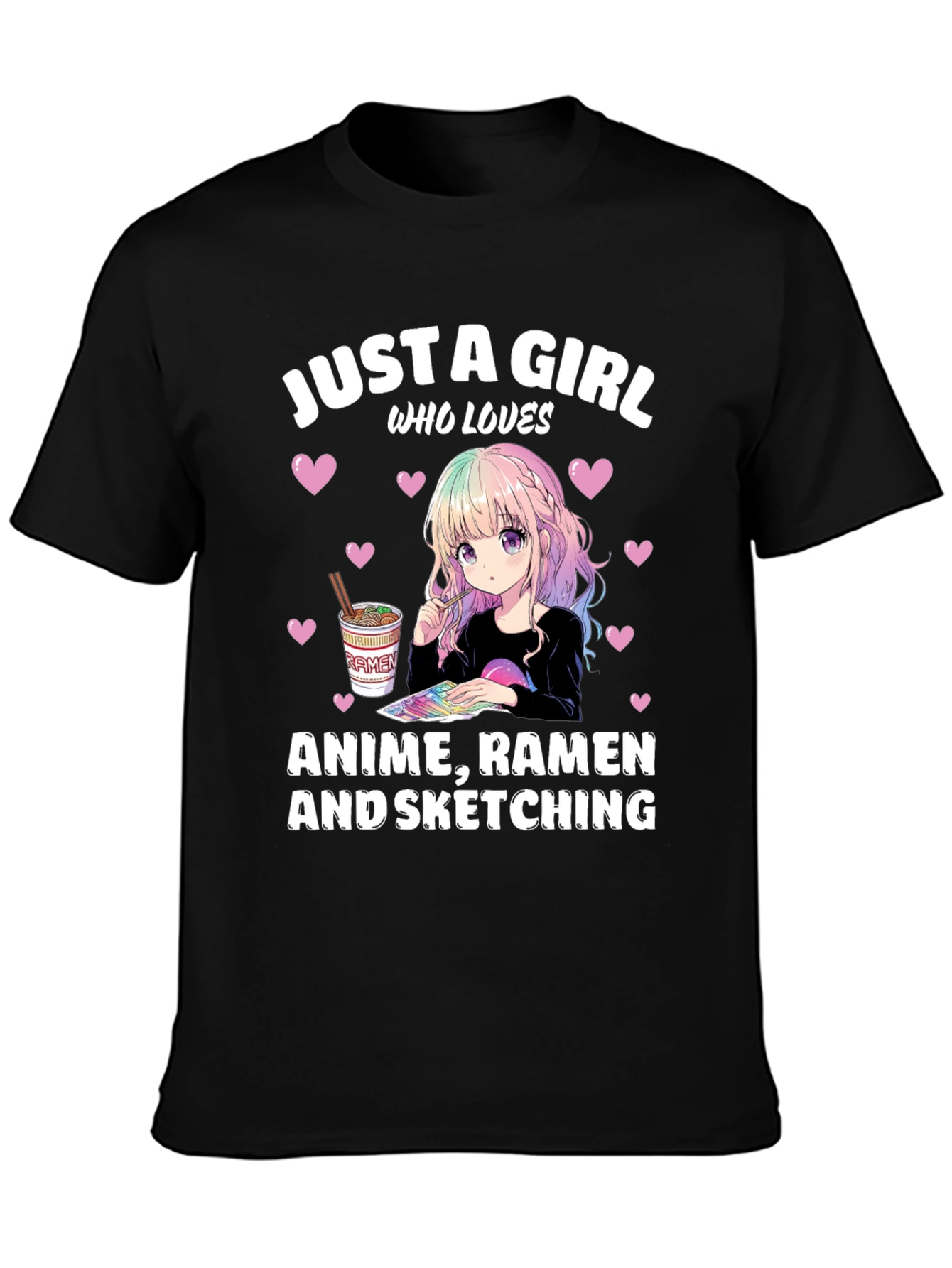 Black Anime Ramen Sketching Girl's T-Shirt view 3
