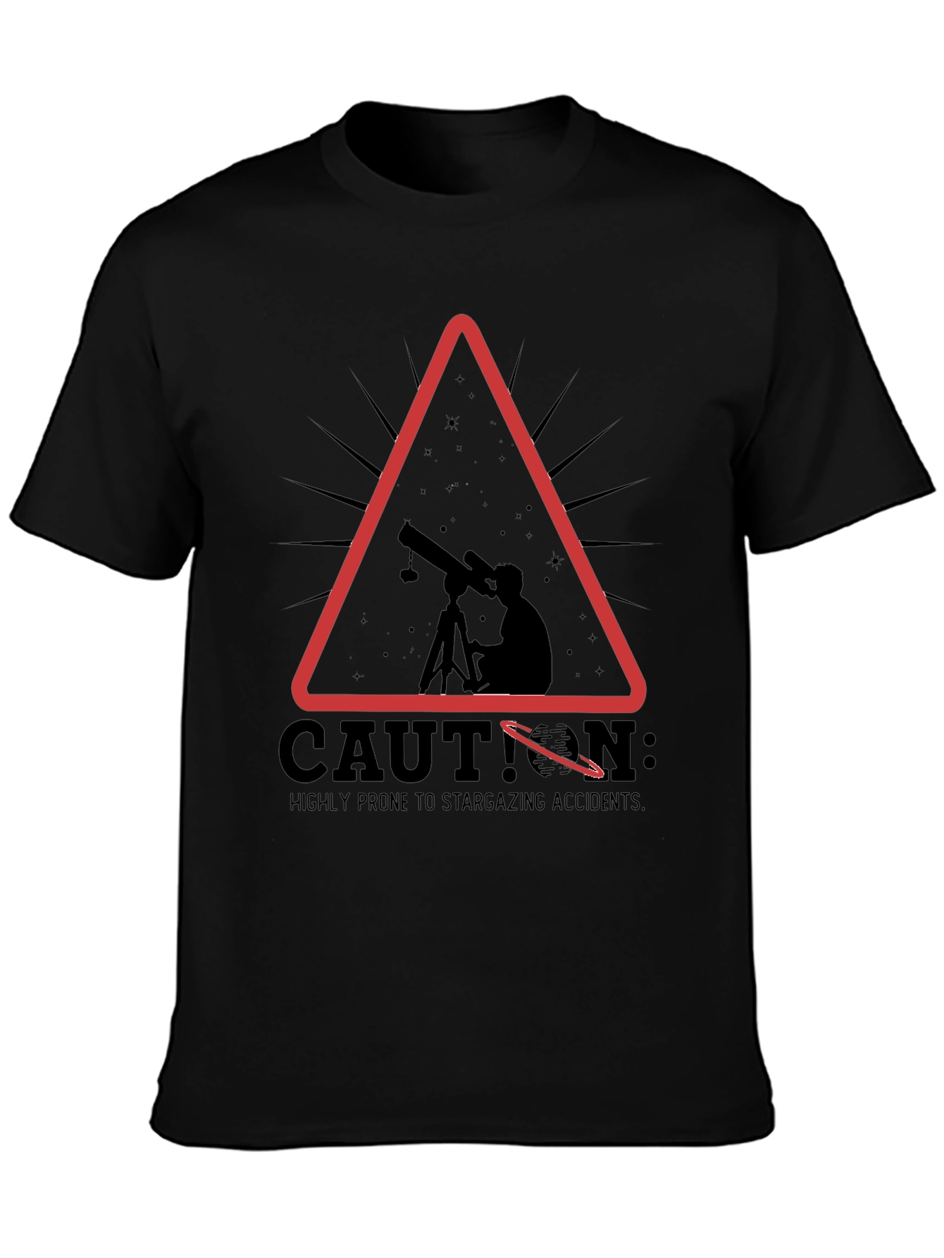 Black Caution Stargazing Accidents T-Shirt view 3