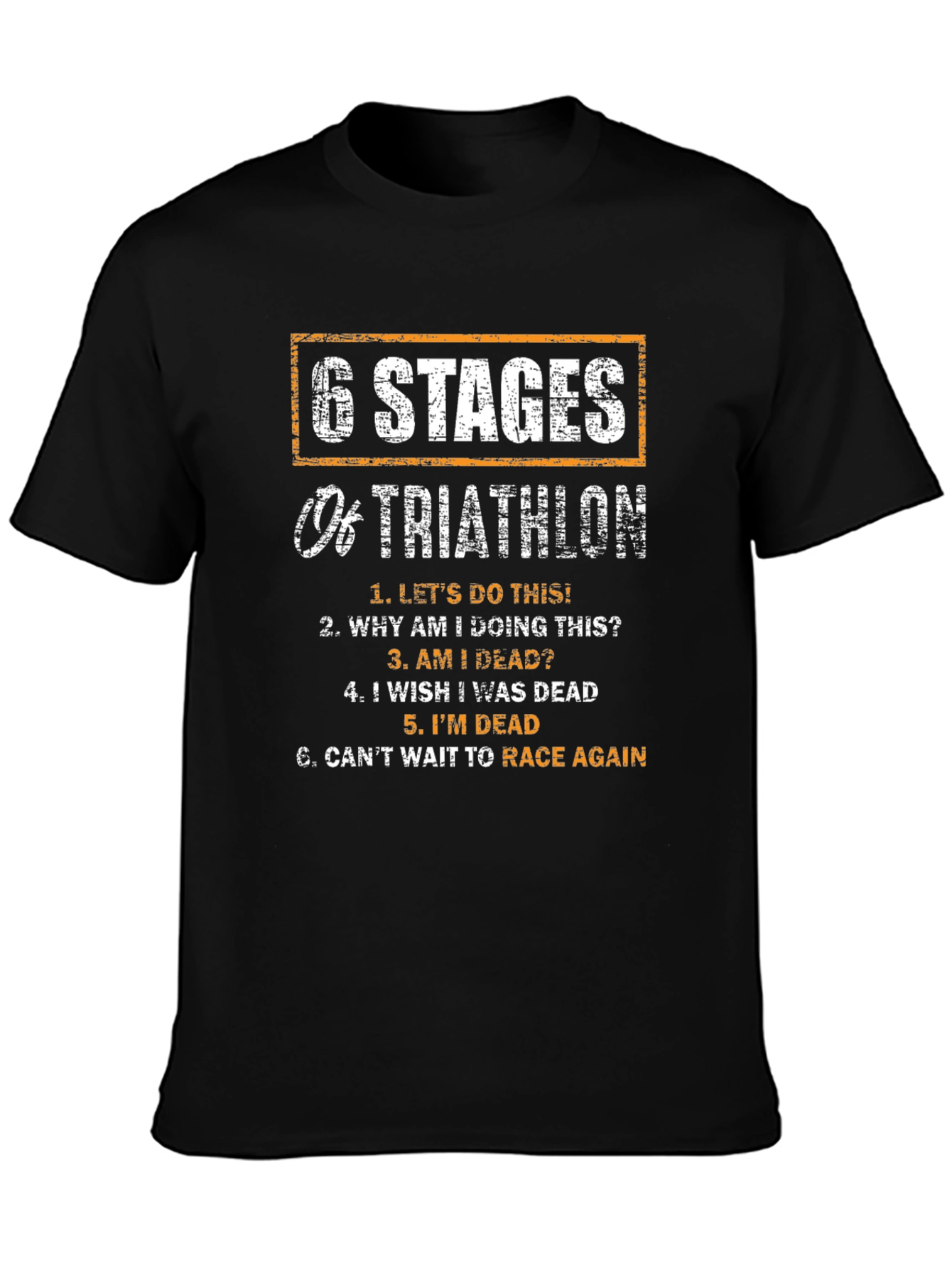Black 6 Stages of Triathlon Funny T-Shirt view 3