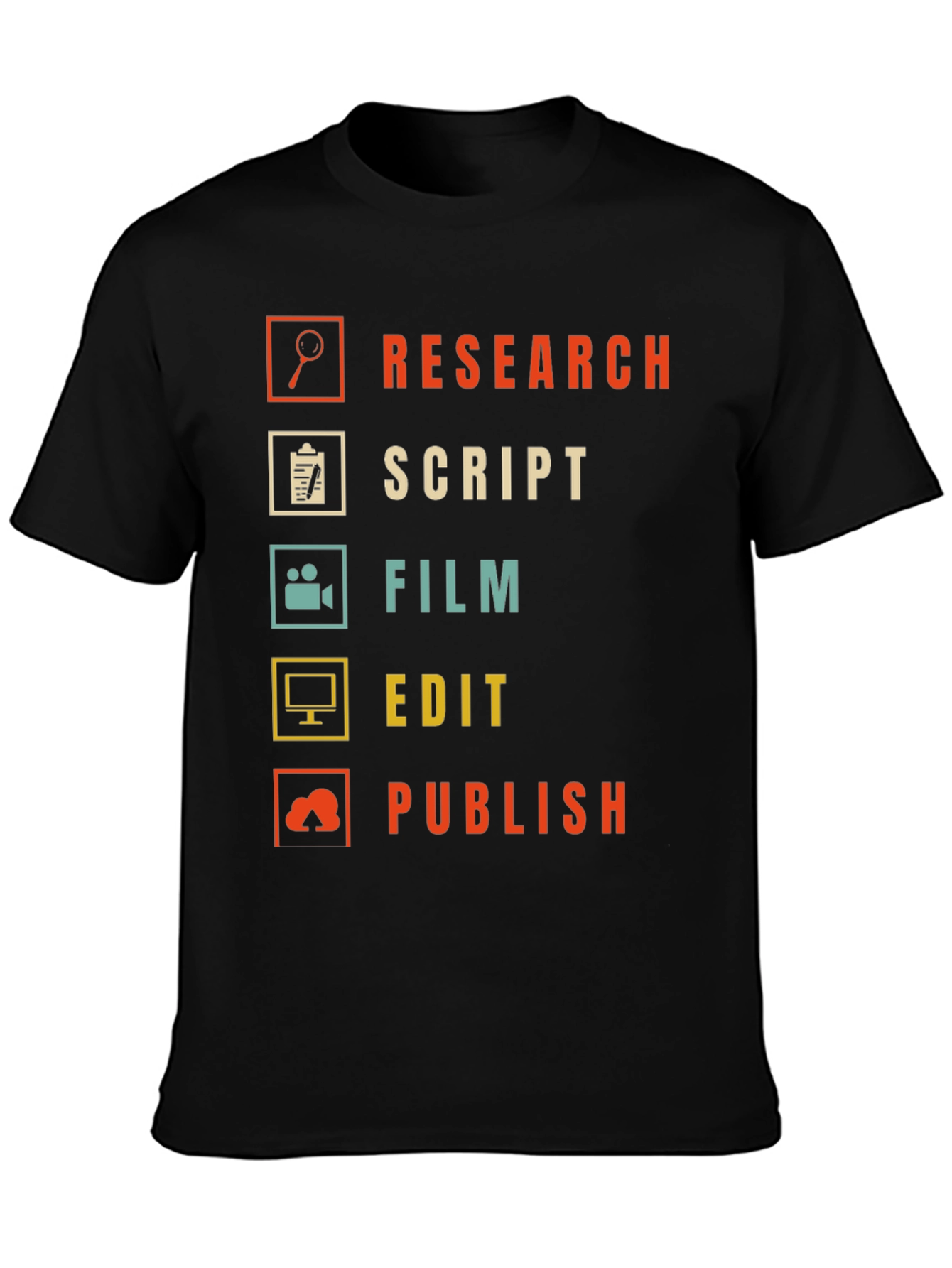 Black Film Crew Process T-Shirt - Research, Script, Film, Edit, Publish view 3